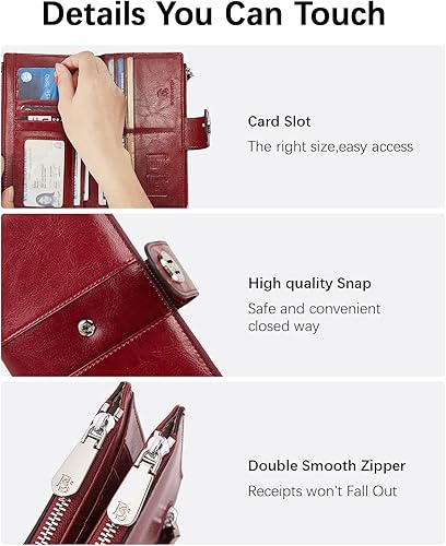 Miniatura 5 de BOSTANTEN Carteras de cuero para mujer, bloqueo RFID, gran capacidad, triple tarjetero, embrague para teléfono, F-Vino Rojo-Doble Cremallera,