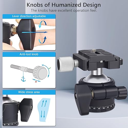 Miniatura 4 de Cabeza de bola de trípode de perfil bajo 1.417 in Estabilidad Panorámica Cabeza de trípode 360 Rotación de metal con placa Arca QR de 1/4 de pulgada