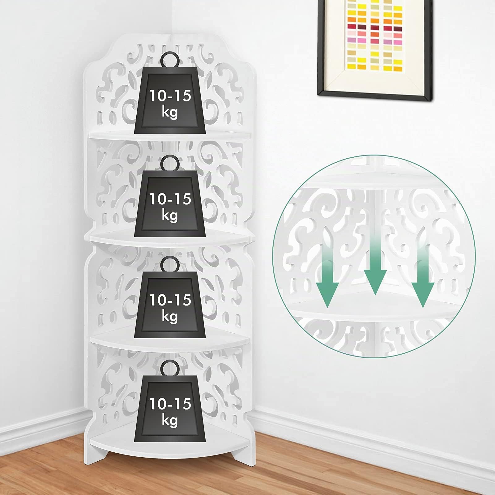 Ejoyous 4 Ebenen Eckregal Weiß, Holzregal Standregale Bücherregal Geschnitzte Wandregal Stehregal Lagerregal Eckstand für Büro Wohnzimmer Küche Badezimmer 84,5x18x 22cm