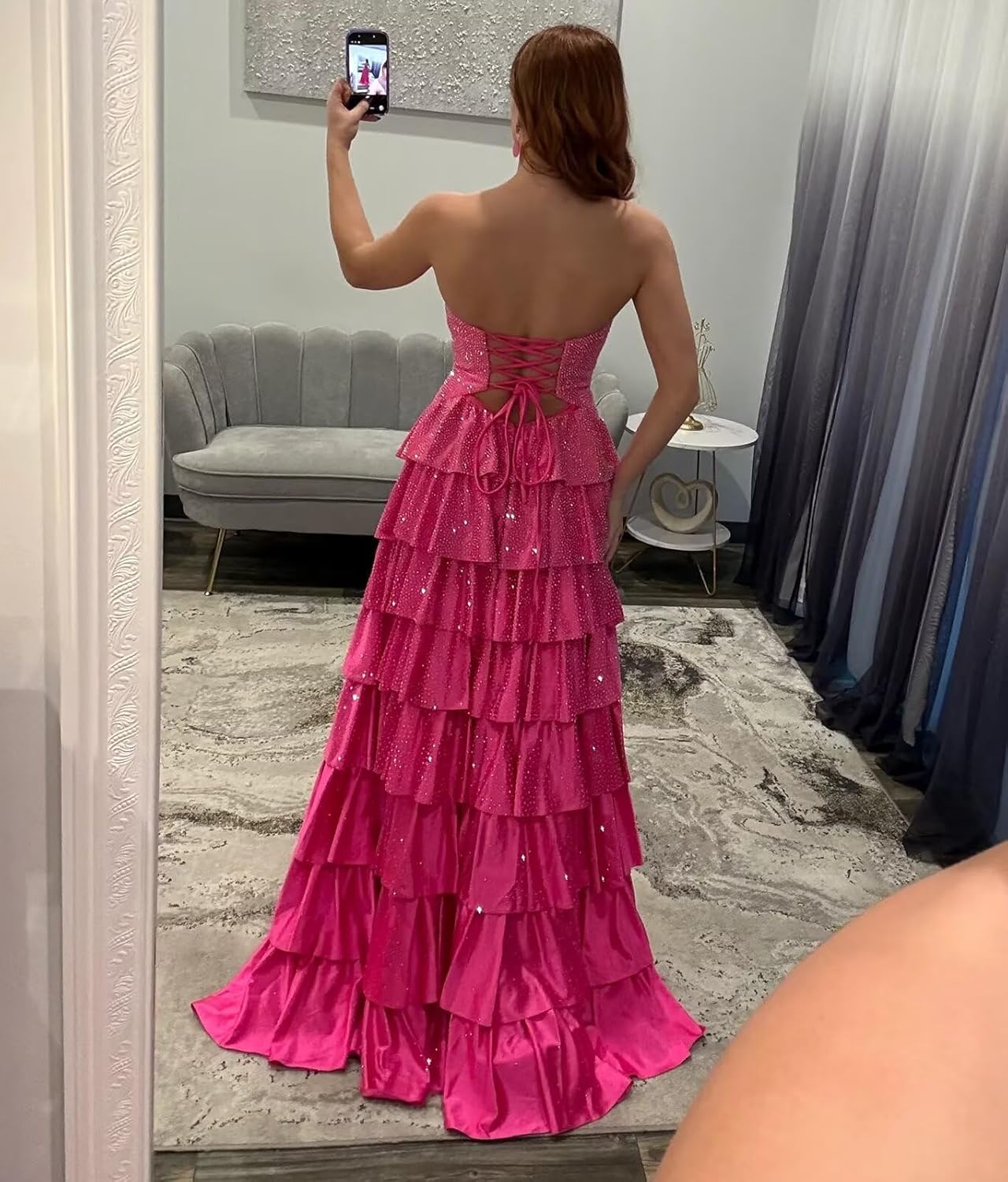 Mollyevers Long Ruffle Tiered Prom Dresses for Women 2026 Strapless Cut-Out Glitter Formal Evening Gowns with Beading