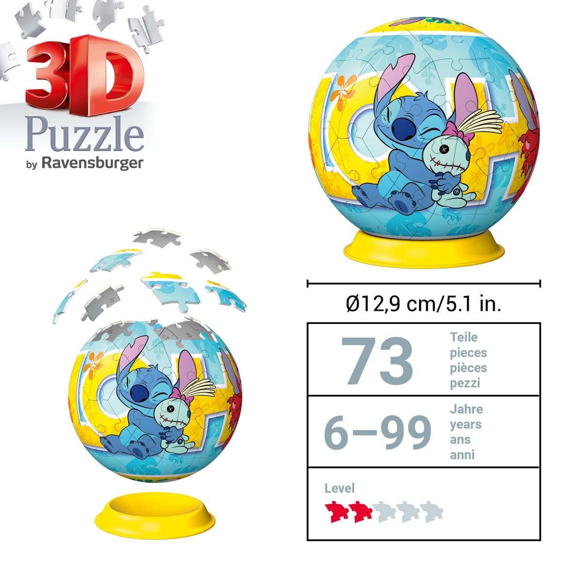 Ravensburger - Puzzle 3d Stitch Sferico | Puzzle 3d Bambini 6 Anni O Più | Regalo Stitch Bambina E Bambino 73 Pezzi | Giochi Bambini 6 Anni Sferico Da Disney