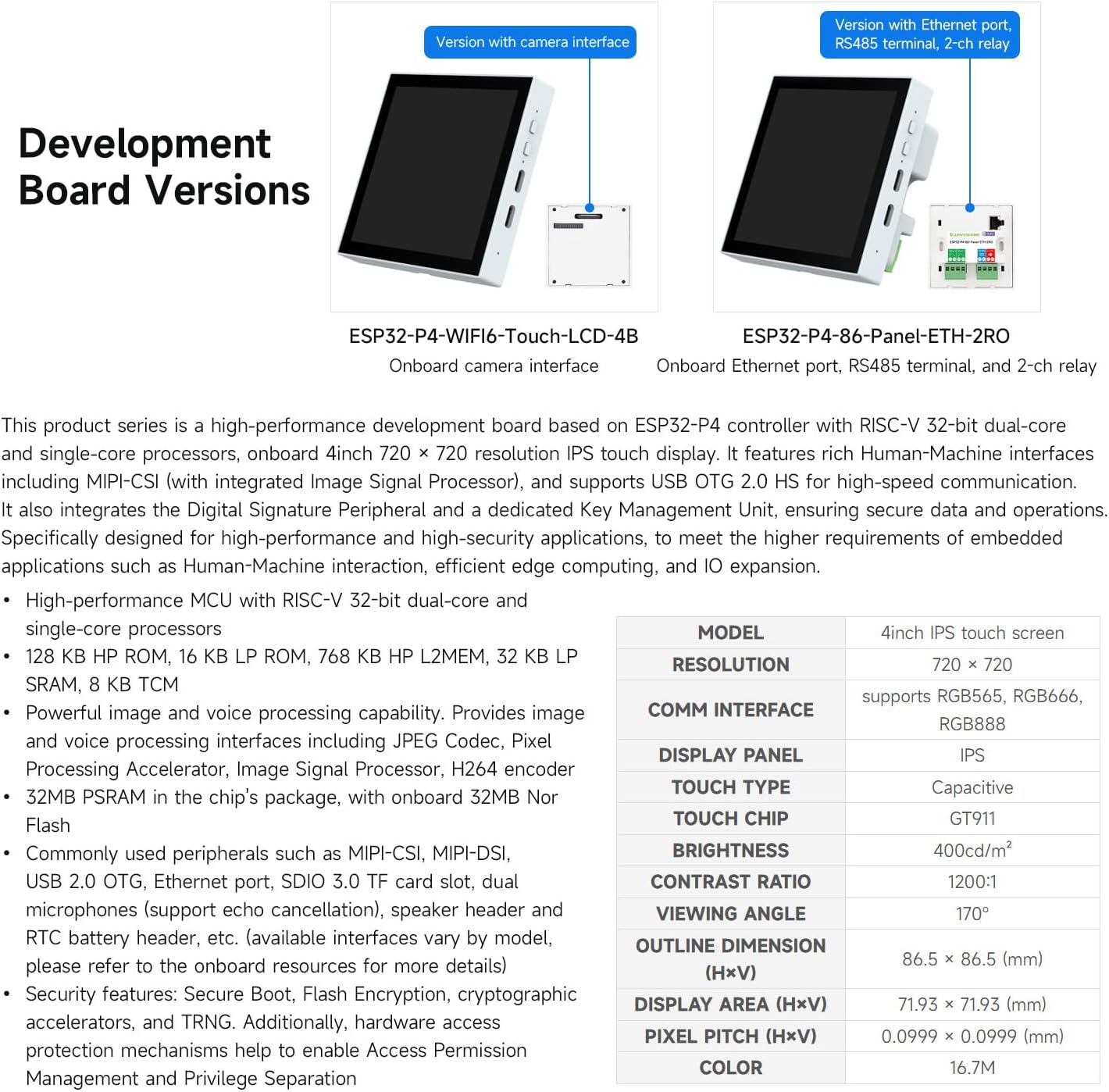 Waveshare ESP32-P4-WIFI6-Touch-LCD-4B(Support External Camera), ESP32-P4 Smart 86 Box, Dual-Core & Single-Core RISC-V, with 4inch 720x720 Pixel 5Point Touch LCD (Without Ethernet Port, RS485, Relays)