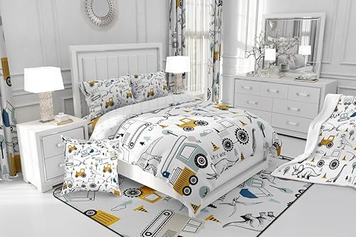 Miniatura 9 de Feelyou Juego de edredón de construcción, tamaño individual, para niños, con dibujos animados, excavadora, tractor, equipo de edredón, camiones,