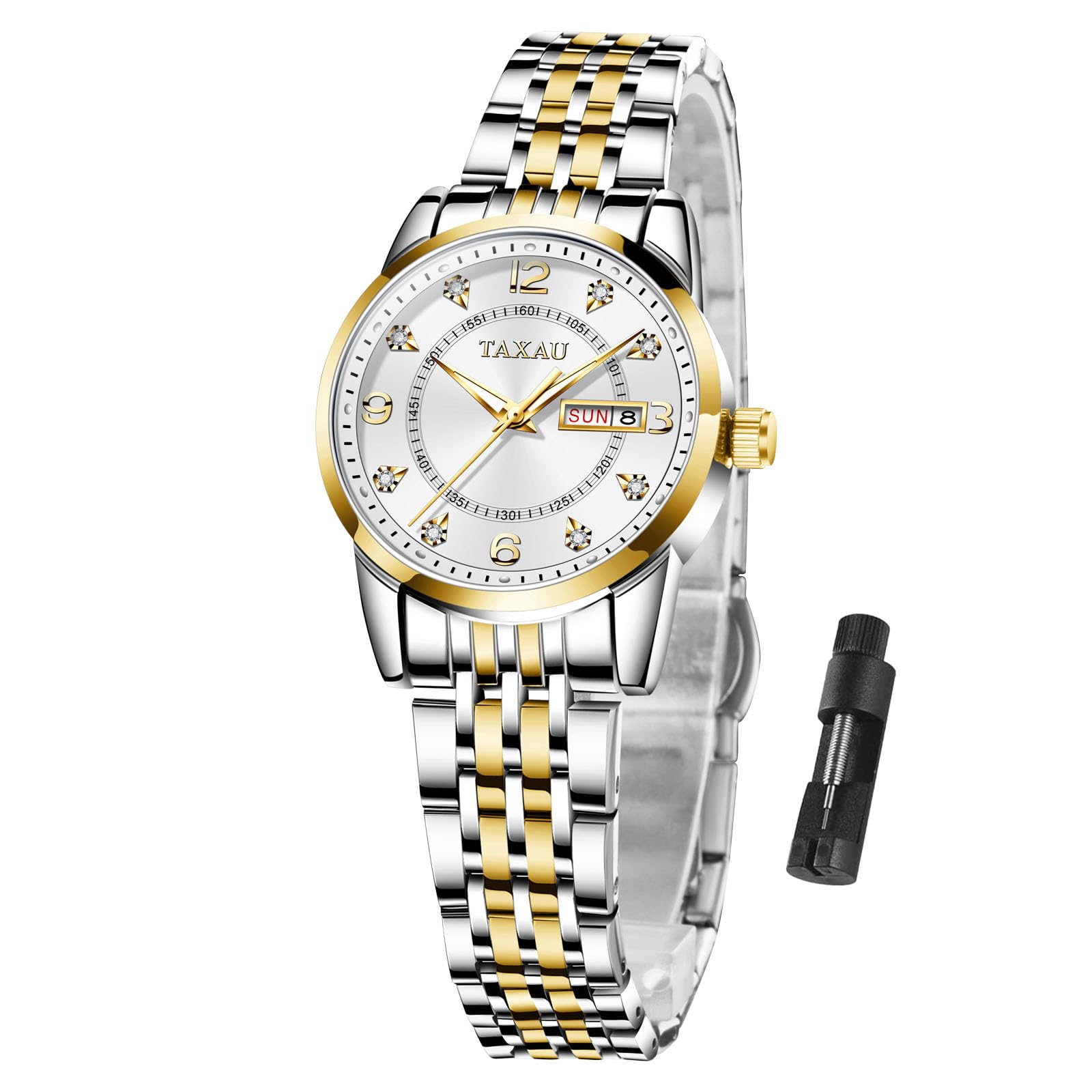 Taxau Damen Uhr Klein Zifferblatt mit Datum Wasserdicht Klassisch Quarzuhr Gold Silber Edelstahlband Damen Armbanduhr Elegantes Geschenk