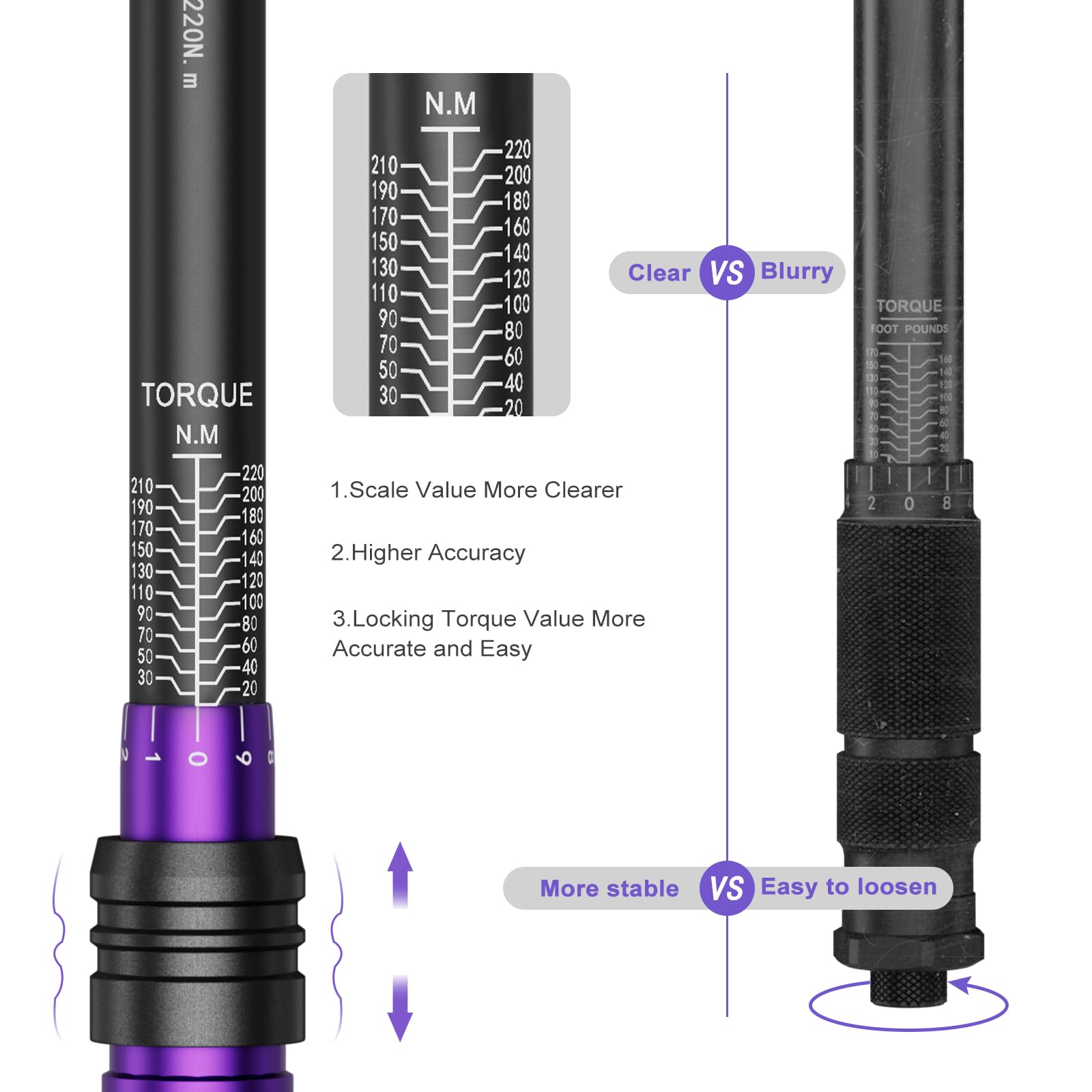 ANPUDS Clé dynamométrique 1/2" 20-220 Nm 72 Dents Tête à Cliquet Réversible Précision ±3%