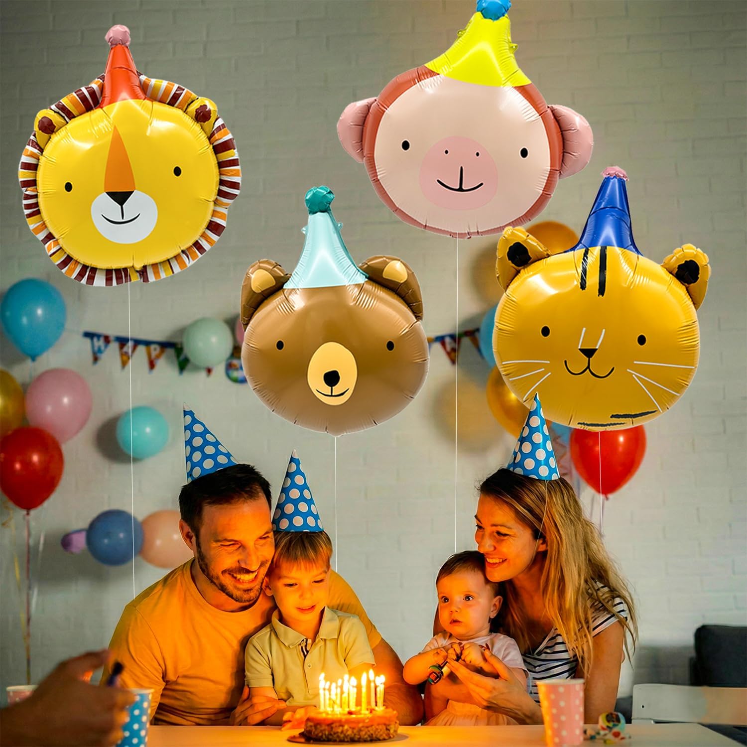 4 PCS Animal Birthday Balloons Decorations, Lion Bear Monkey Cat Animal Head Foil Balloons for Animals Theme Birthday Party Baby Shower Decorations