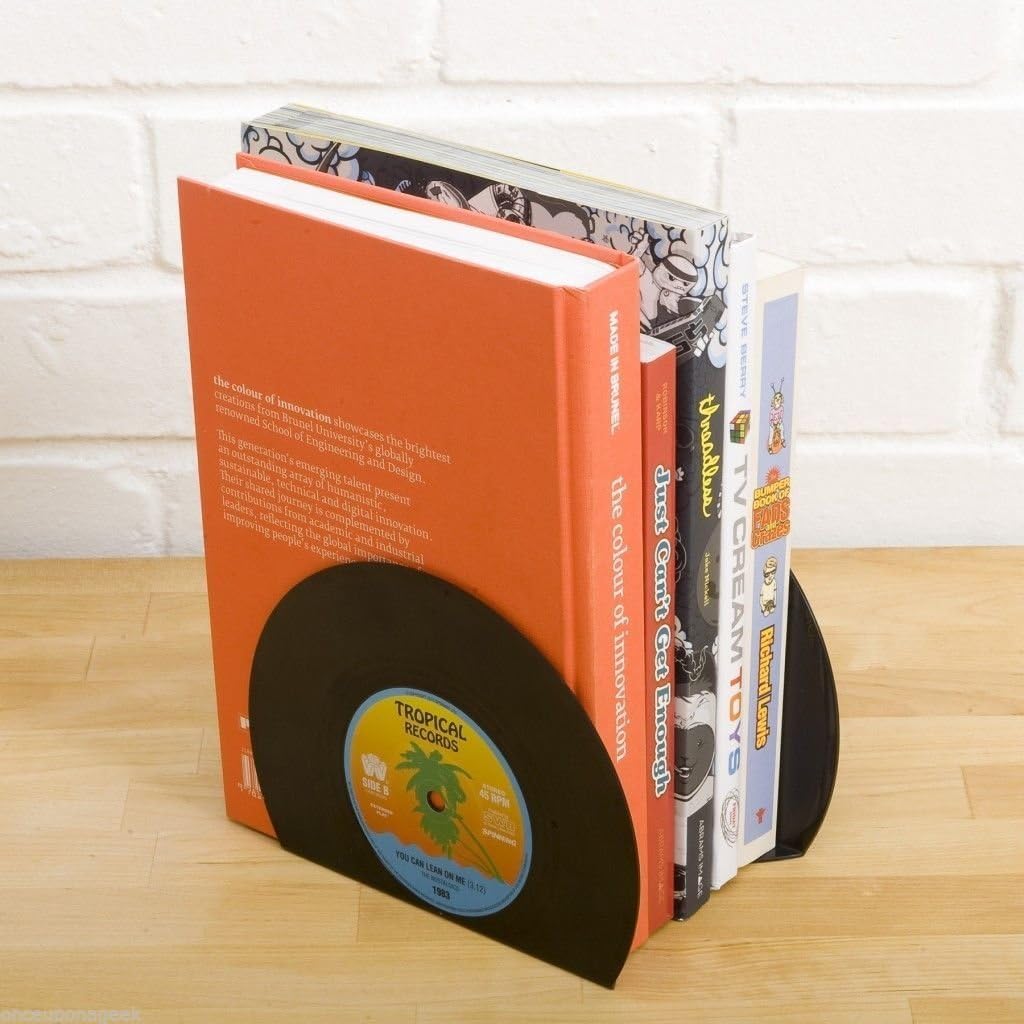 VinBee Retro Vinyl Bookends Black Record Book Ends Classic CD Vintage Decorative Bookends for Shelves Nonskid Bookend Supports Black 1Pair