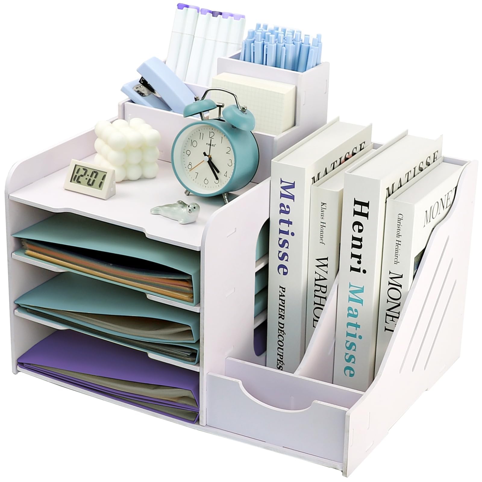 7-Compartment Wooden Letter Tray with Magazine Rack, Art Deco Style, White, Office Desk Organiser