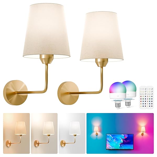 KINDEEP Wall Sconce Set of 2 Battery Operated, Rechargeable Wireless Dimmable Wall Light with RGB, Flash Mode, Remote Timer