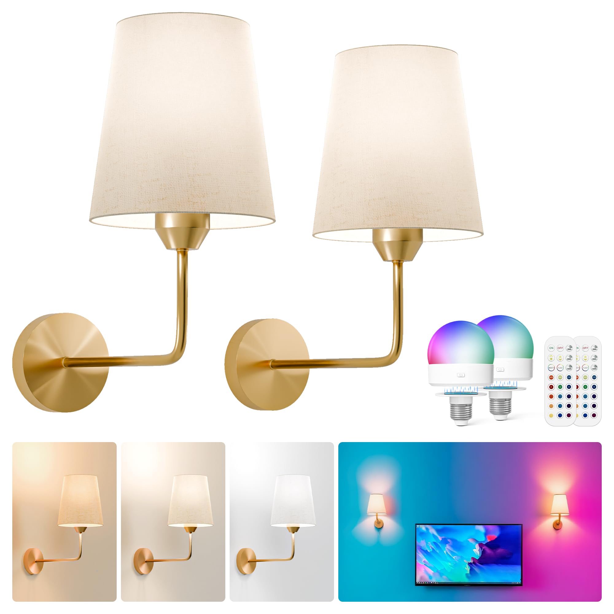 KINDEEP Wall Sconce Set of 2 Battery Operated, Rechargeable Wireless Dimmable Wall Light with RGB, Flash Mode, Remote Timer