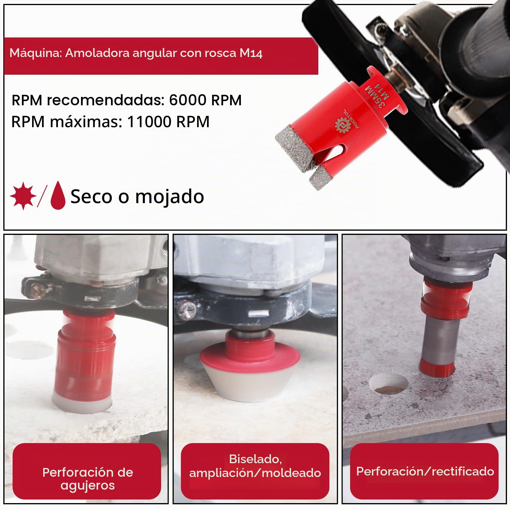 FOCSTOL Brocas diamantadas de gres porcelánico – Puntas de taladro diamantadas para azulejos de cerámica 10 piezas (6/6/8/10/35/50/68 mm + 50 mm brocas para biselar + 25 mm taladro fresa + adaptador)