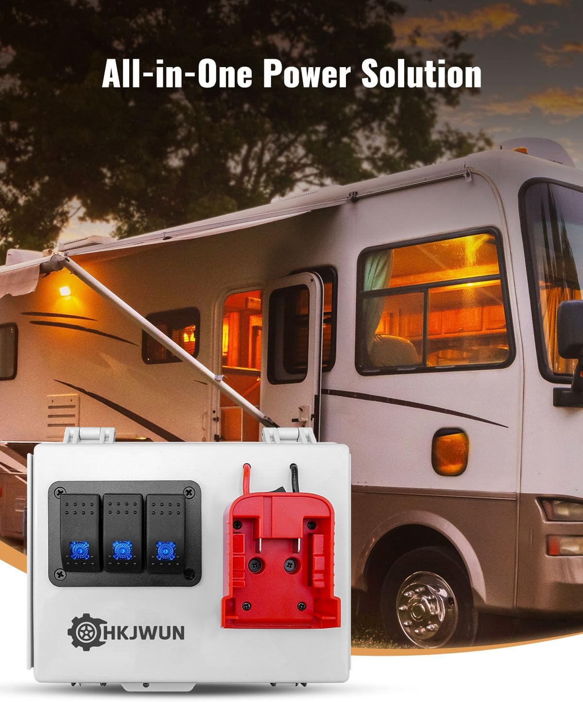 Power Distribution Box with Low Voltage Protection Fits for Milwaukee M18 18V Battery, Pre-Installed 3-Way Circuits and Dual USB Charger, Battery Adapter Box for RV Truck Trailer Van Yacht Warehouse