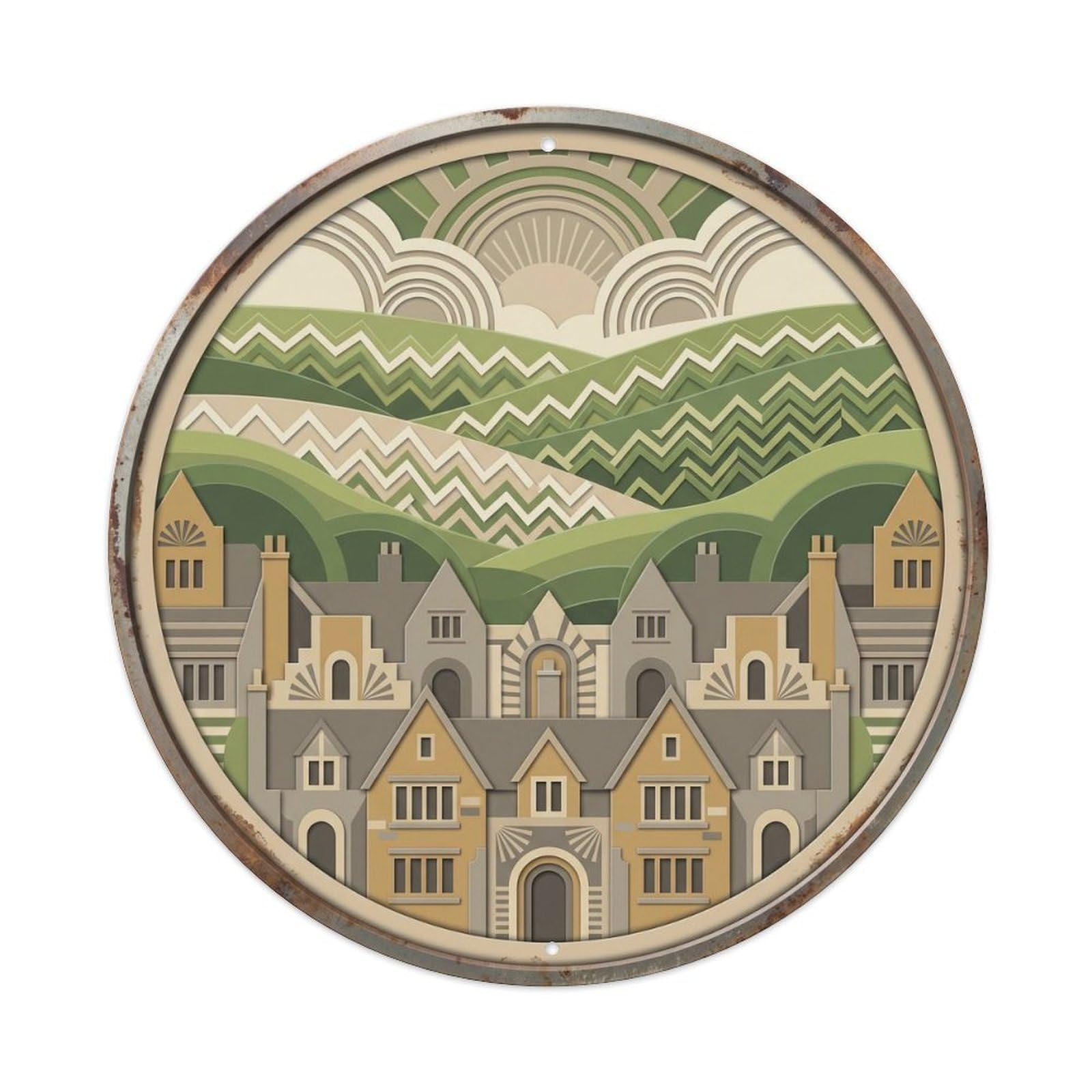 Cotswolds Layered Village Travel Metal Tin Sign Plaque Wall Decor for Cafe, Club Bar, Office, Home Garden Round Metal Poster 8x8Inch
