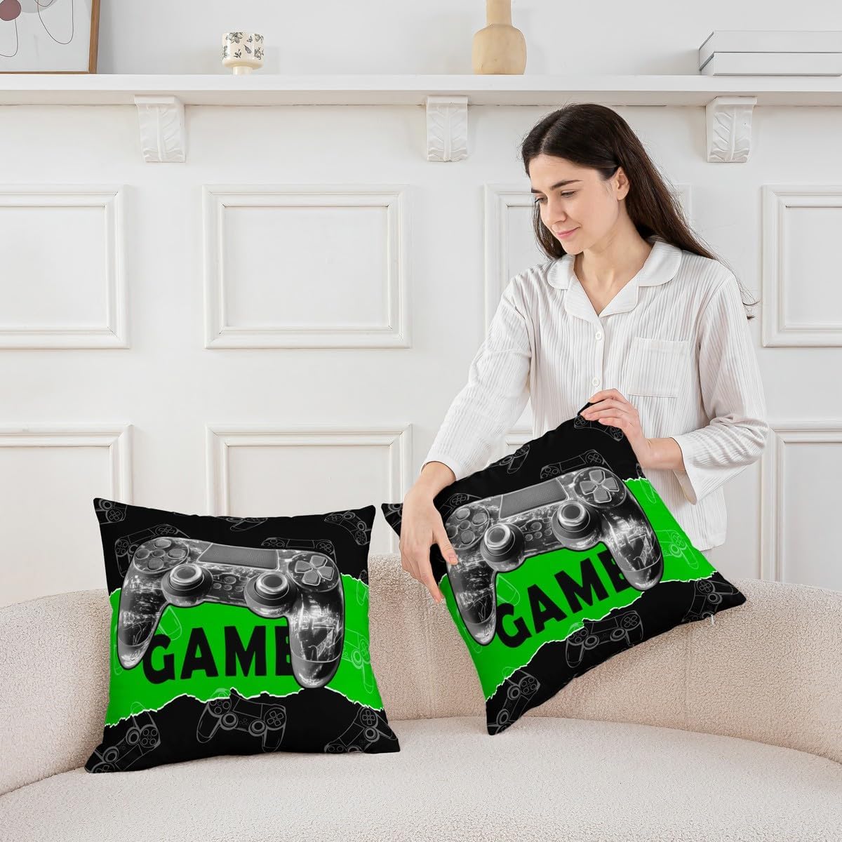 Kids Gamer Pillow Cover 20x20 Inch,Cool Video Game Console Print Cushion Cover for Office Living Room Gray 3D Gamepad Gaming Green Black Pillow Case for Sofa Couch Reversible Print image 3