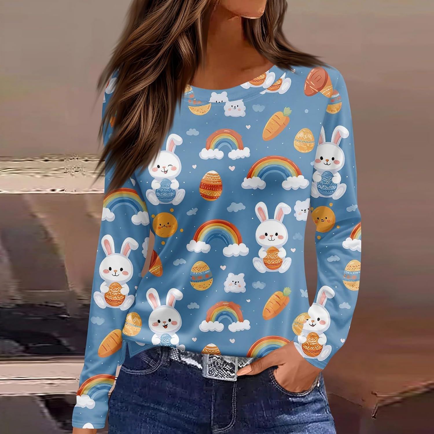 Valentines Day Shirts Women,Fashion Split Hem Casual Heart Print Crew Neck Long Sleeve Top Valentine's Day T-Shirt - Image 2