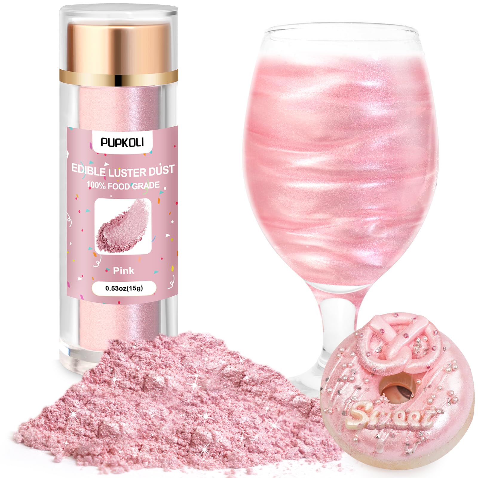 Pink Edible Glitter for Cakes and Cocktails, 15g Food-Grade Pink Luster Dust Edible Shimmer Powder for Drinks,Baking,Easter Egg Decoration