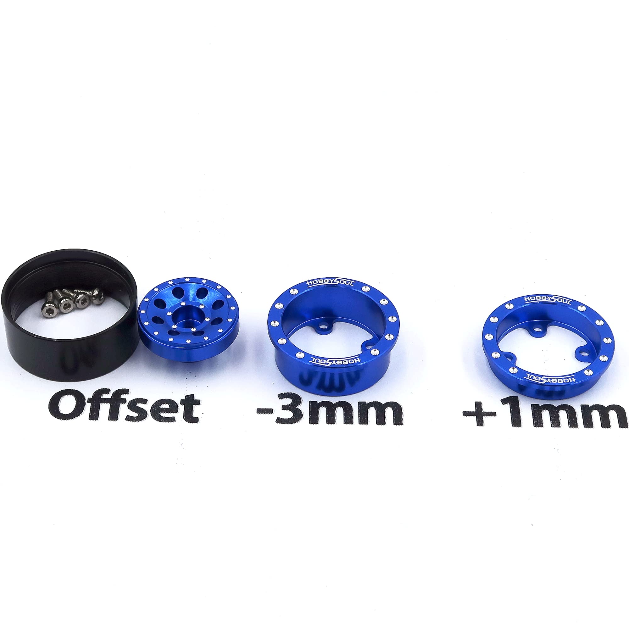 hobbysoul 1/24 Reifen montiert auf schweren verstellbaren Offset 1,0 Beadlock Rädern blau, 7mm Sechskantfelgen 1,0 Beadlock-Räder und Reifen für 1/18 TRX4M 1/24 RC Crawler Axial SCX24, (4er-Pack)