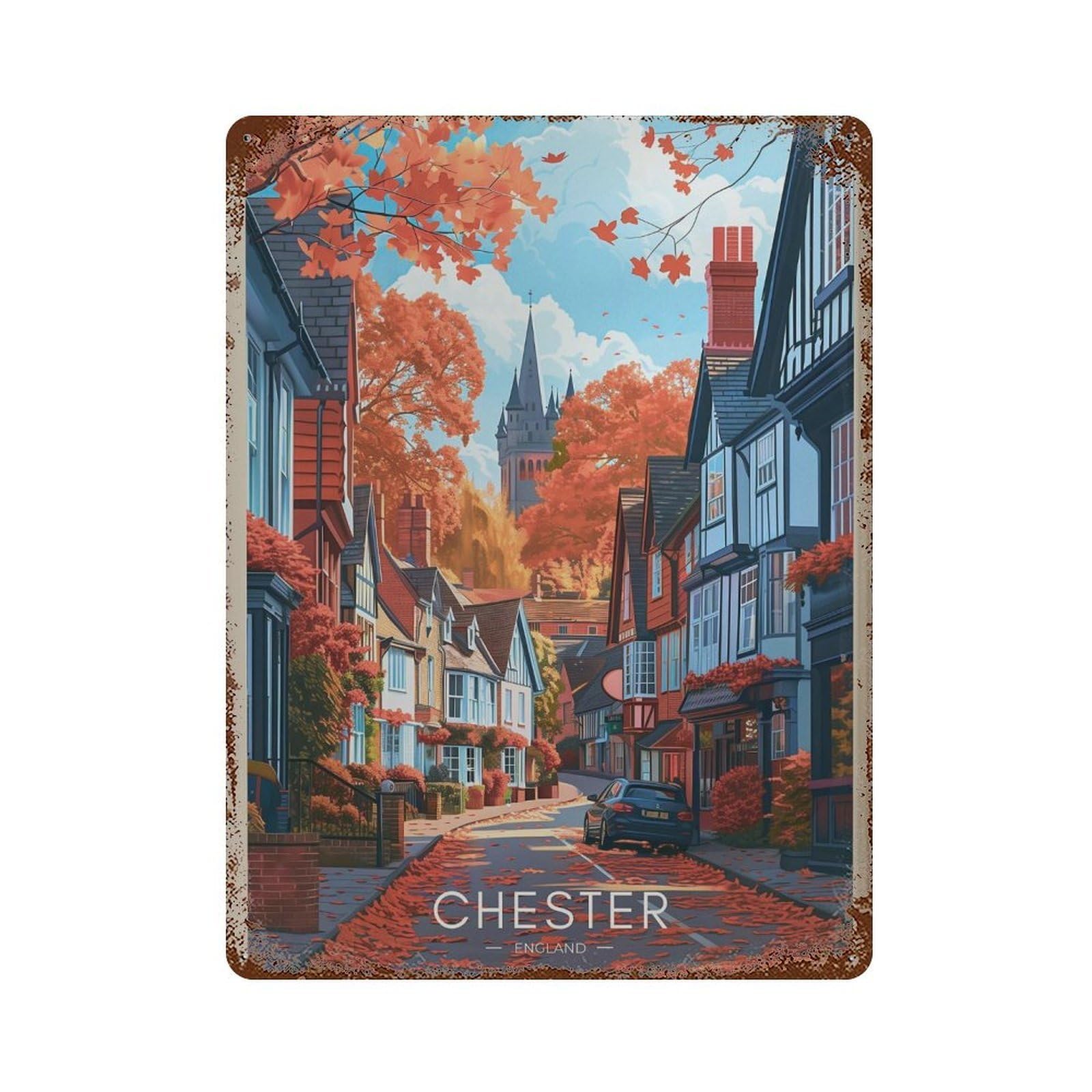 xiaoxiaoshen Chester England Travel Illustrated Cityscape Wall Decor Art Metal Tin Poster Modern Home Decor Art Home Bar Shop Decorations Vintage Sign 40x30cm