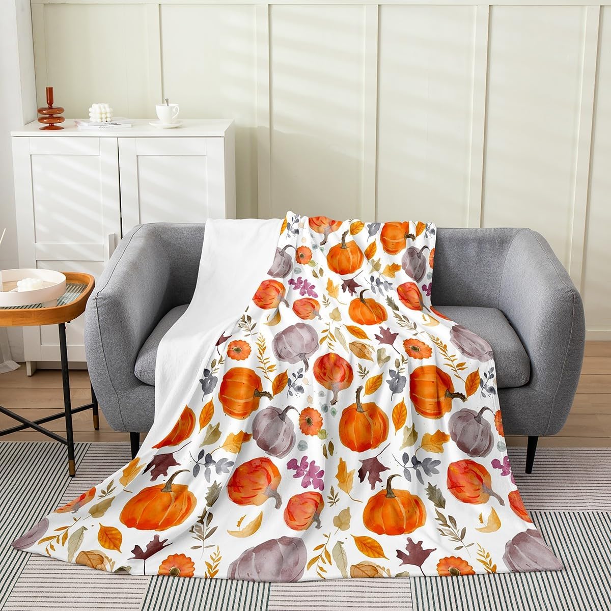Pumpkin Throw Blanket Green Rose Floral Fleece Blanket for Teens Boys Girls Fall Leaves Thanksgiving Sherpa Blanket Geometric Plaid Bed Blanket for Bed Couch Harvest Season Flannel Blanket, Twin