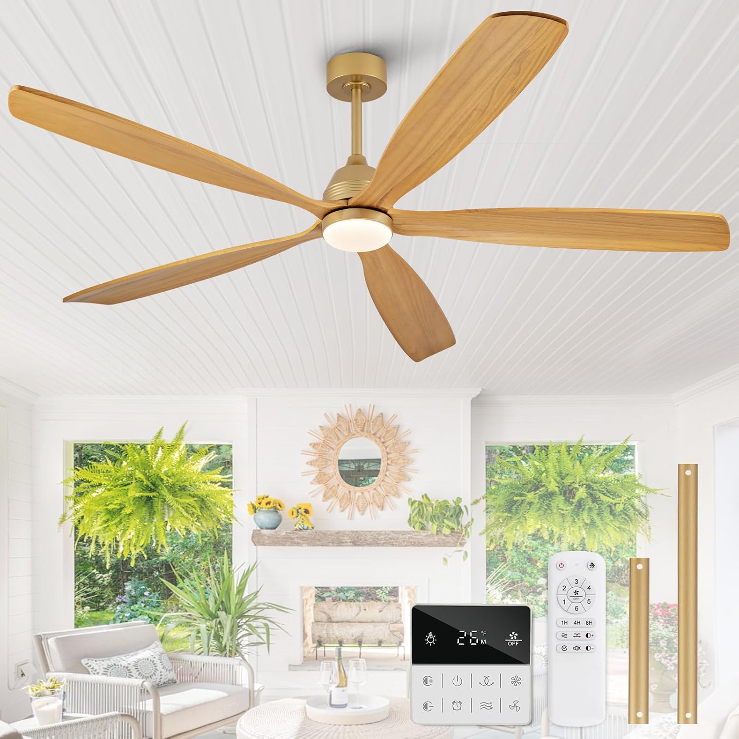 DELIHUA 72 Inch Ceiling Fans with Lights and Remote, Wood Ceiling Fan with Light, 5 Blade, Dimmable, Wall Switch, 6 Speeds Reversible DC Motor, Large Outdoor Ceiling Fan for Patio Farmhouse (Gold)