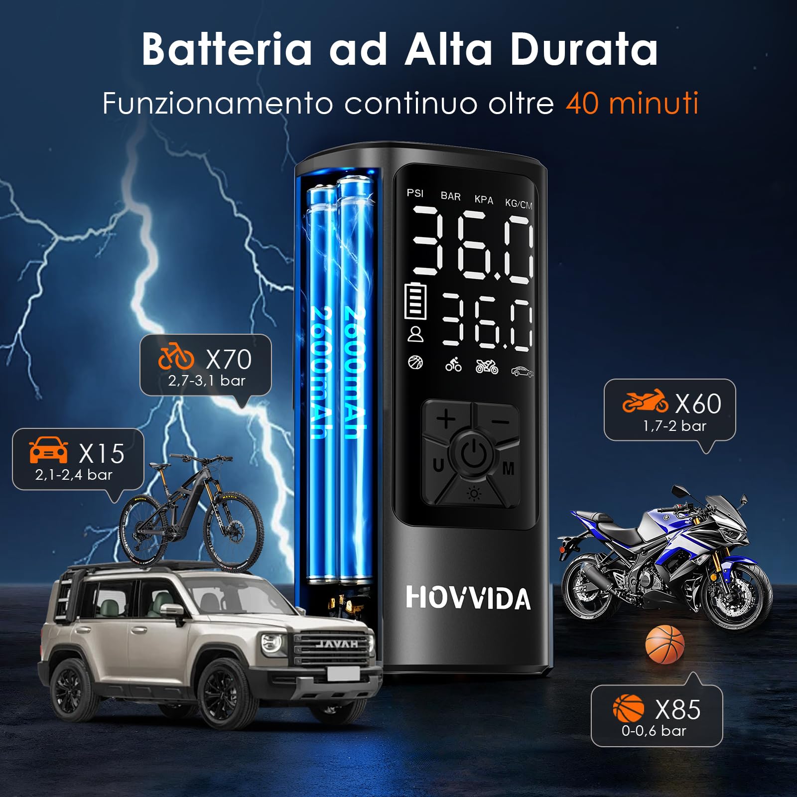 HOVVIDA Elektrische Luftpumpe, 10,3 bar Fahrradpumpe, Digitale Akku-Luftpumpe mit Druckvoreinstellung & Auto-Abschaltung, Wiederaufladbar, Luftpumpe für E-bike, Auto, Fahrrad, Motorrad, Bälle - 4