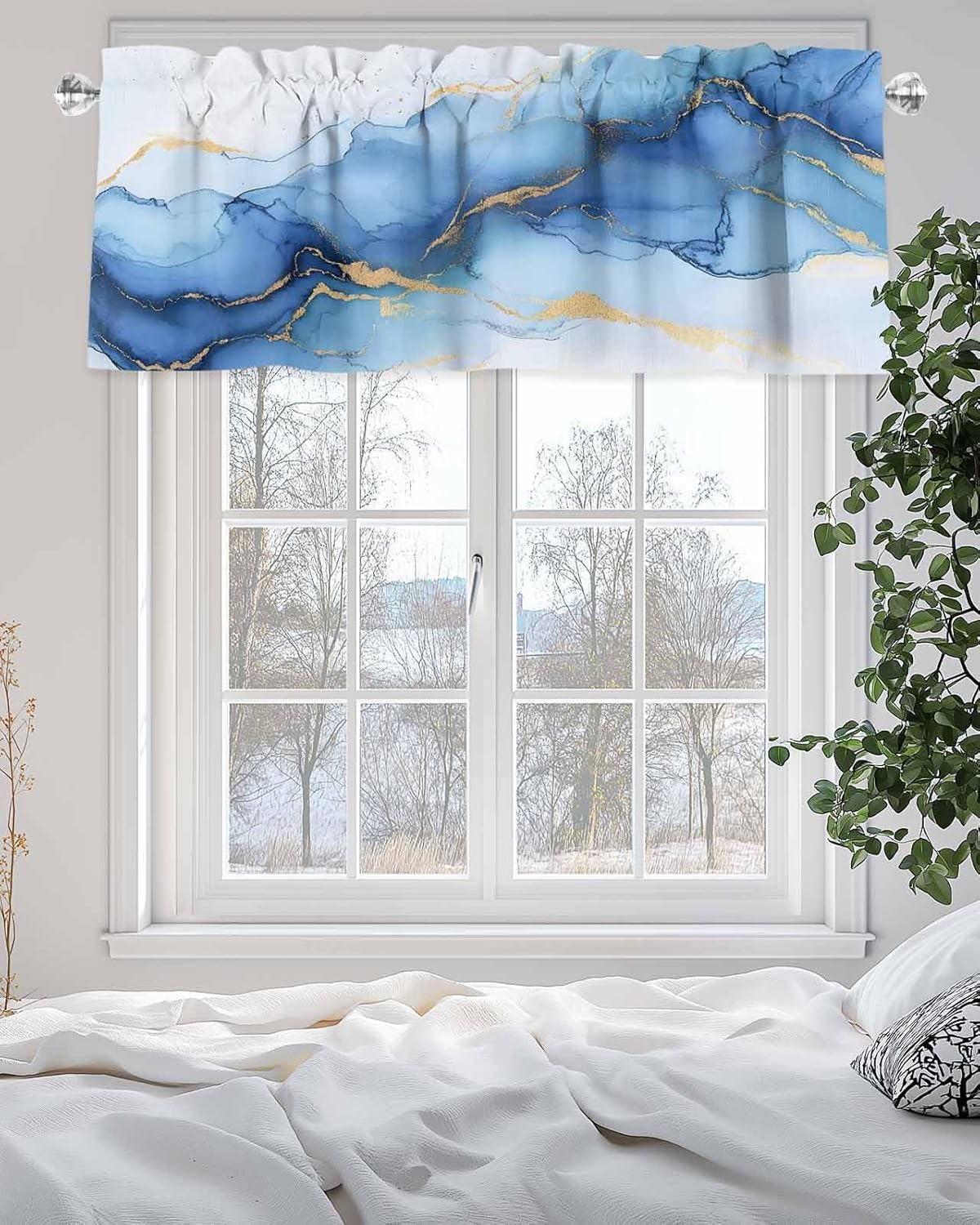 Abstract Art Blue Valance Curtain for Kitchen Blue White Gradient Marble Texture Modern Rod Pocket Tier Curtains Window Treatments for Kitchen Bathroom Bedroom,60x18In