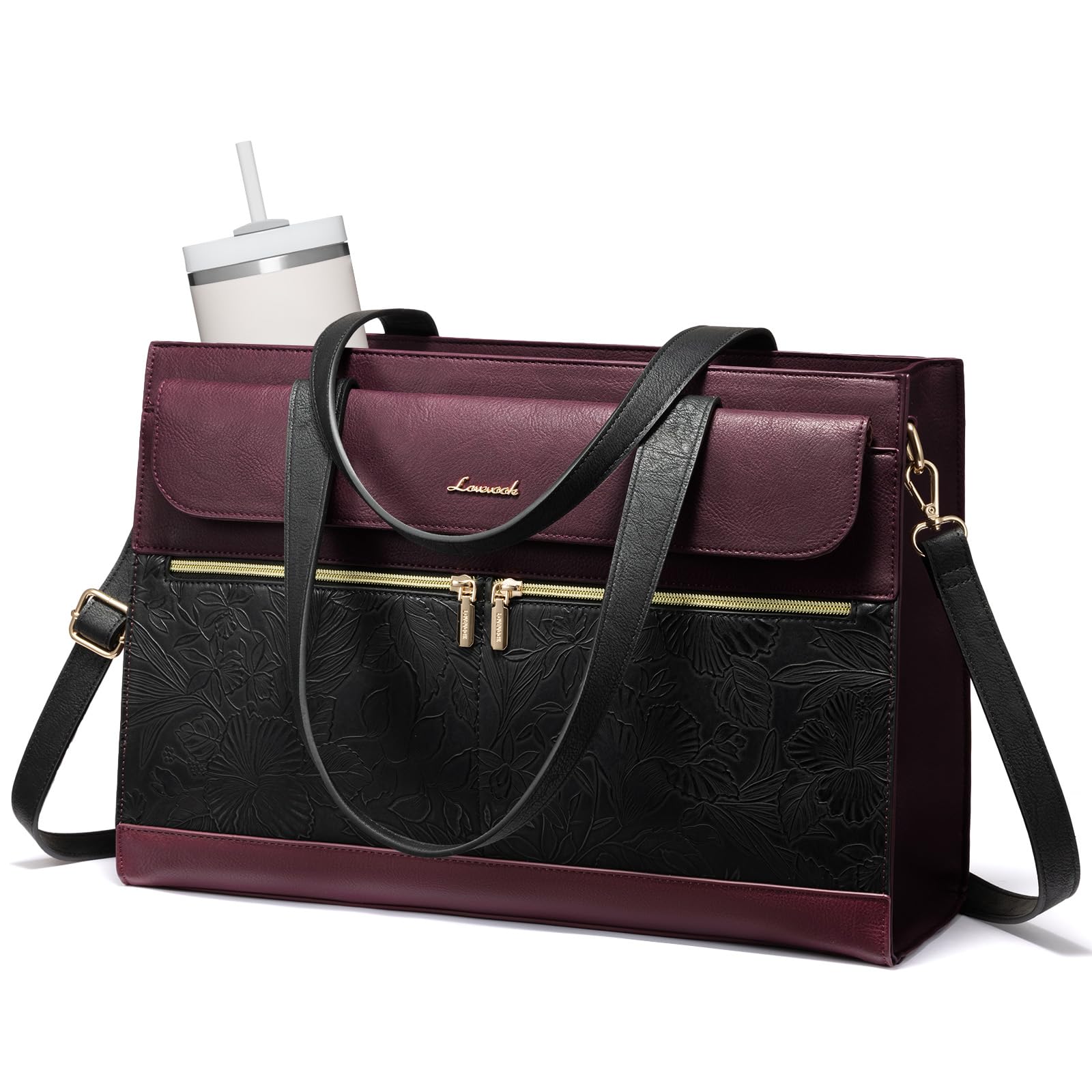 LOVEVOOK Laptop Tote for Women 15.6 Inch, PU Leather Waterproof Work Tote with Large Tumbler Pocket, Peony Embossed Textured Computer Bag, Organized Teacher Office Business Crossbody Handbag