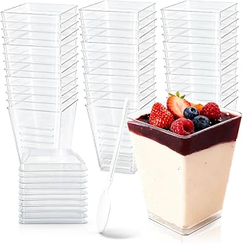 50-Pack 5oz Dessert Cups with Lids, Plastic Parfait/Pudding Cups, Small Plastic Containers with Spoons, Reusable Jello Cups for Yogurt, Fruit, Cake, Appetizers