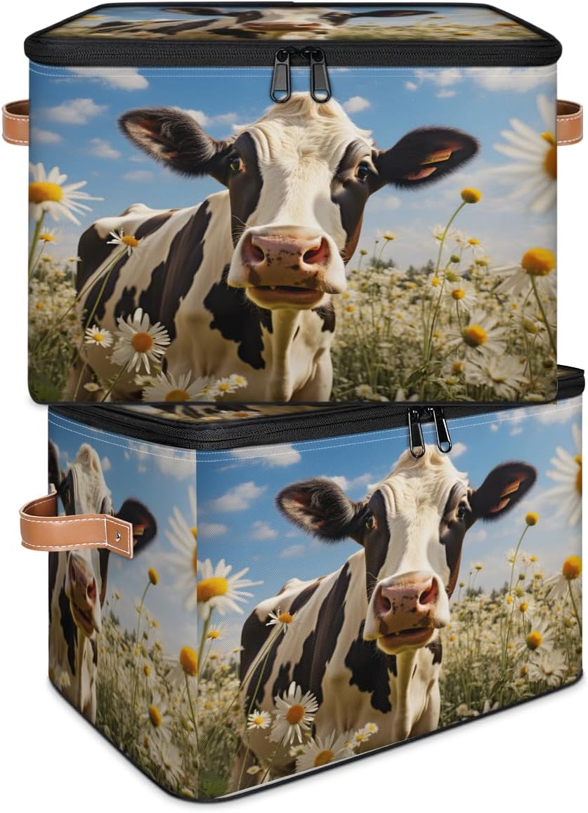 Storage Bin Set of 2 Daisy Cow Storage Basket with Zipper Lid & Handle Foldable Closet Shelf 2 Pack Cloth Organizer Basket Cube Bins Clothes Organizer for Bedroom, Nursery