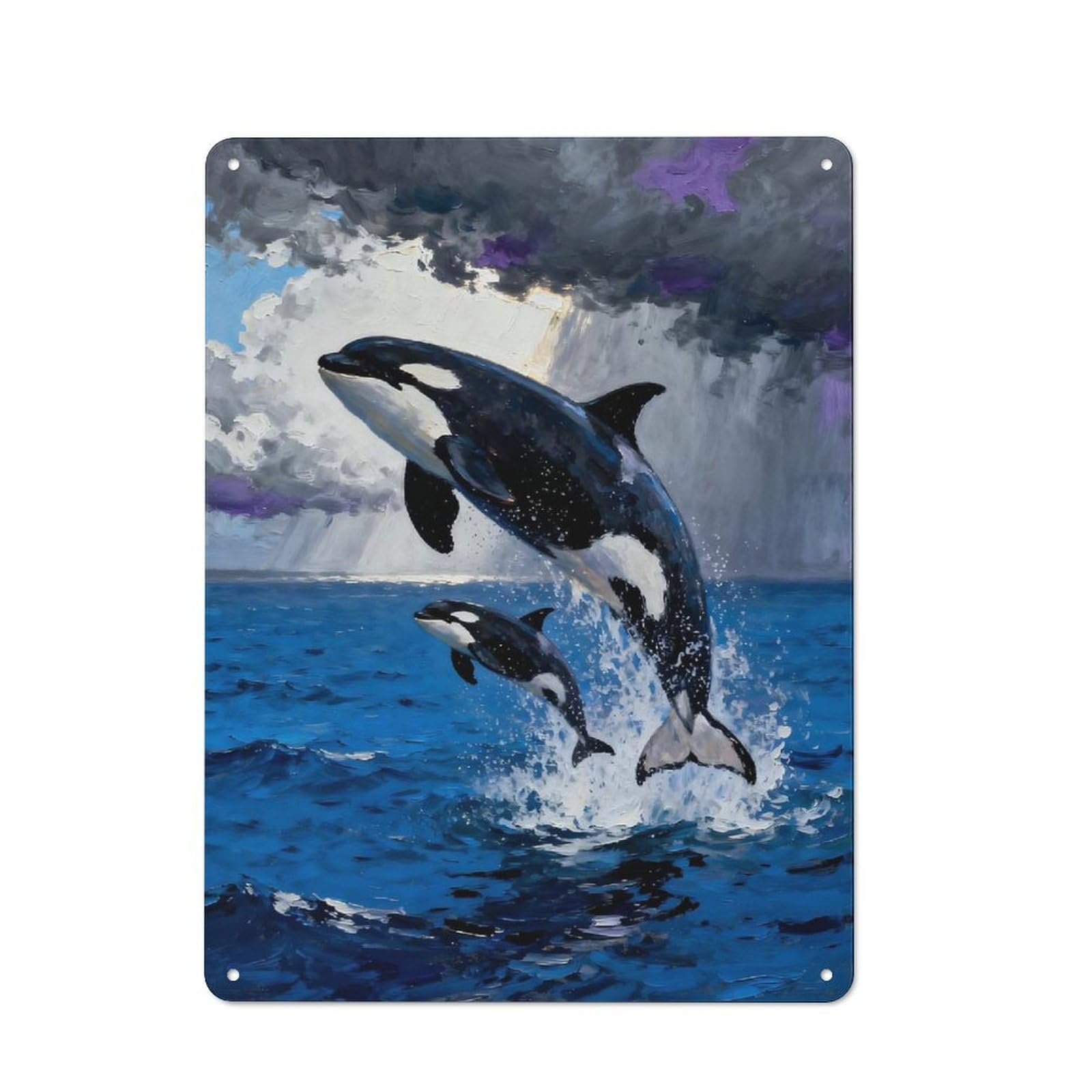 Junmoney Style-4 Orcas Leaping From The Ocean Painting Rustic Tin Sign 40X30cm For Café Or Home Bar, Suited To Hospitality Decor Collectors
