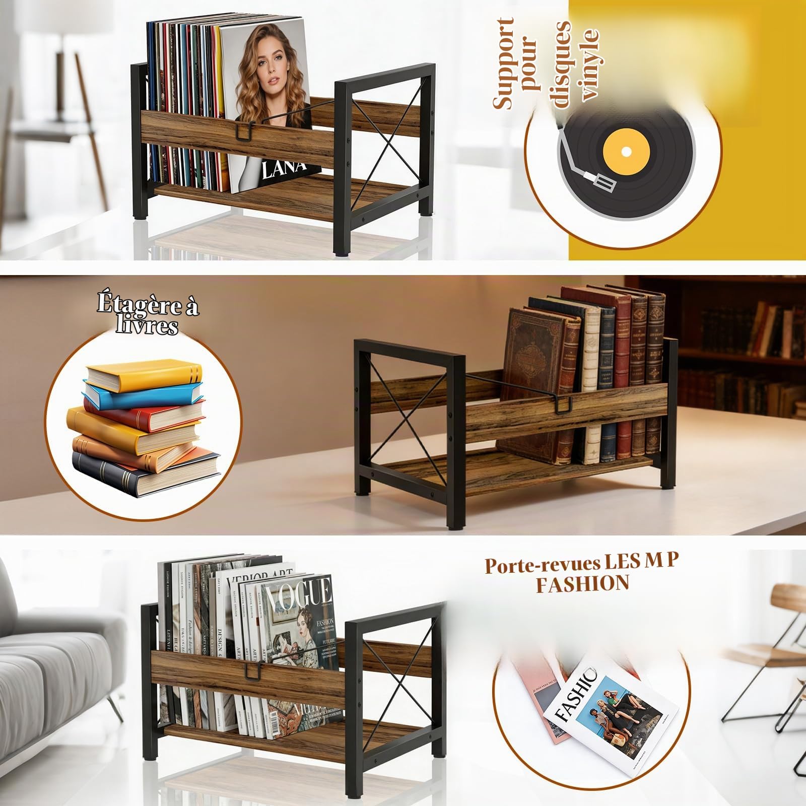Support Vinyle pour 100 LP avec Séparateur, Bois Meuble Vinyles