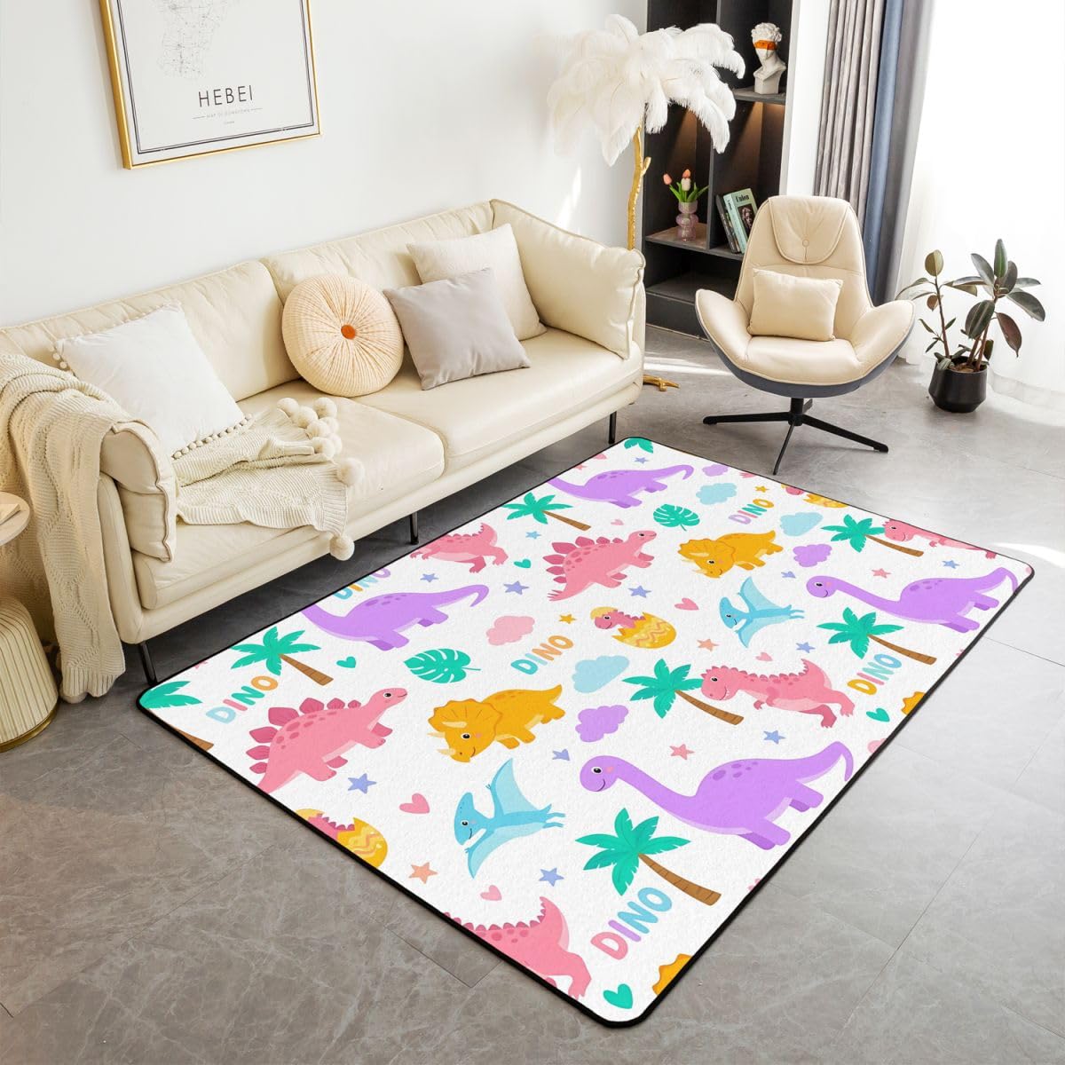 Süß Dinosaurier Teppich 100x150cm Autotoon Dschungel Dino Wohnzimmerteppich Kawaii Wildes Tier Modern Teppich rutschfest für Wohnzimmer Schlafzimmer
