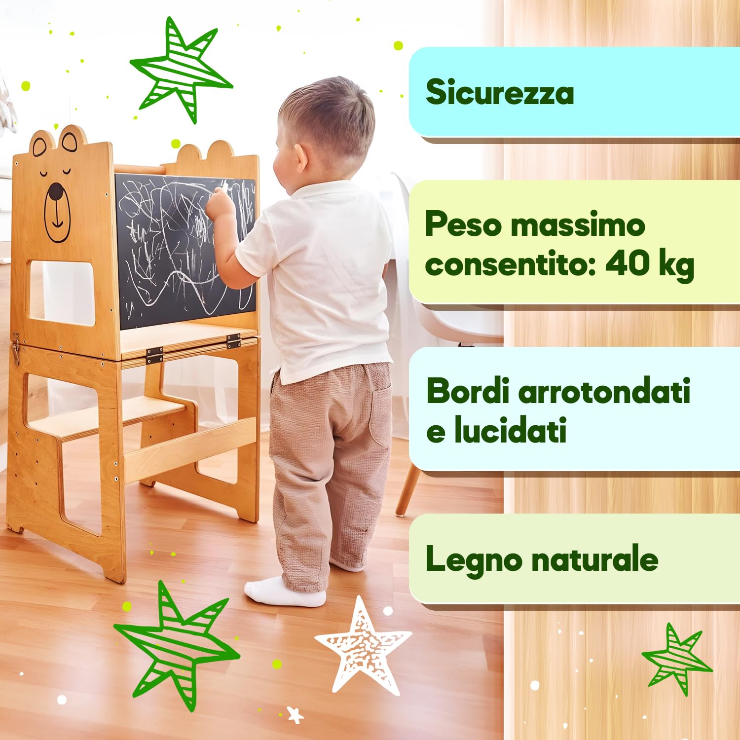 Torre Montessoriana 3-in-1 in Legno Naturale per Bambini da 1 Anno con Lavagna, Tavolo e Sedia, Sgabello Cucina e Bagno