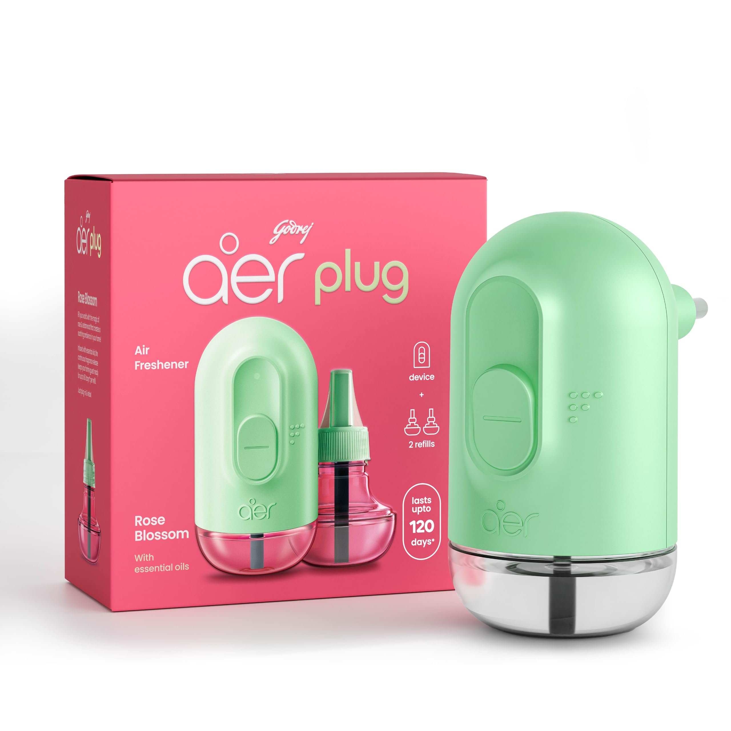 Godrej aer Plug Electric Air Freshener (Machine + 2 Refills (20ml each) | Rose Blossom | Lasts up to 120 days