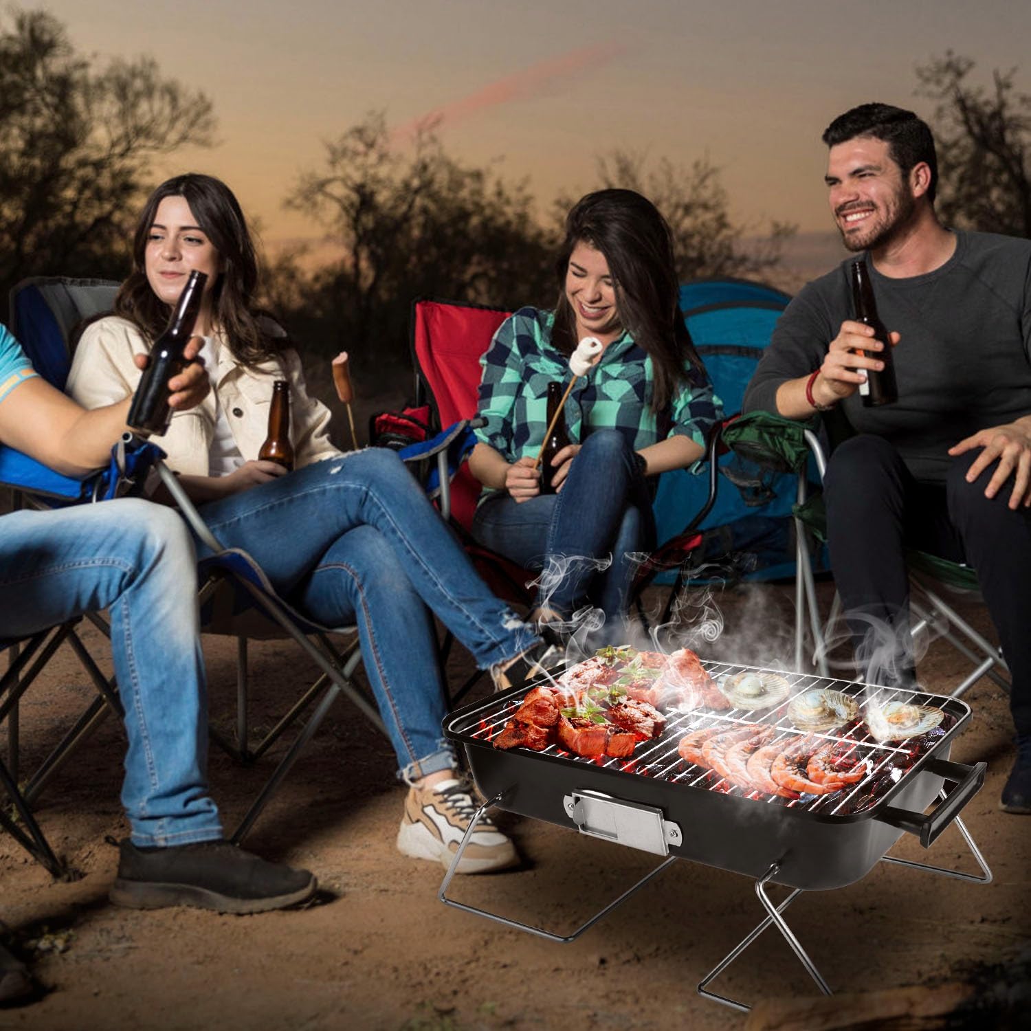 KOCASO Barbecue portatile a carbonella, griglia pieghevole per barbecue, da tavolo con coperchio, griglia da campeggio per esterni, patio, cortile, feste, picnic, spiaggia, viaggi, griglia pieghevole