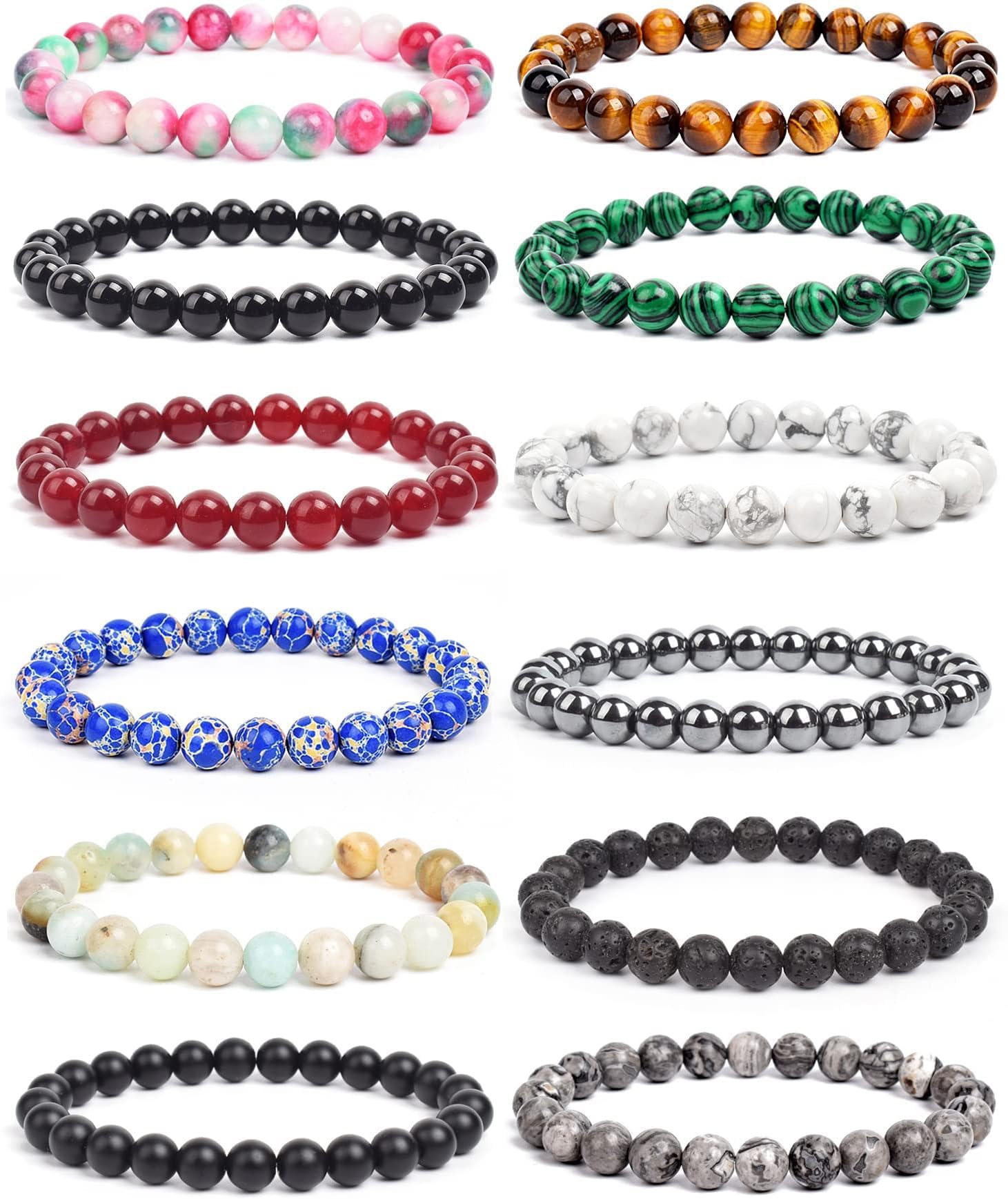 Zankulas 12Pcs Natural Semi-Precious Gemstones Bracelets -8mm Round Beaded Bracelets for Men Women Reiki Healing Crystals Beads Stretch Bracelet