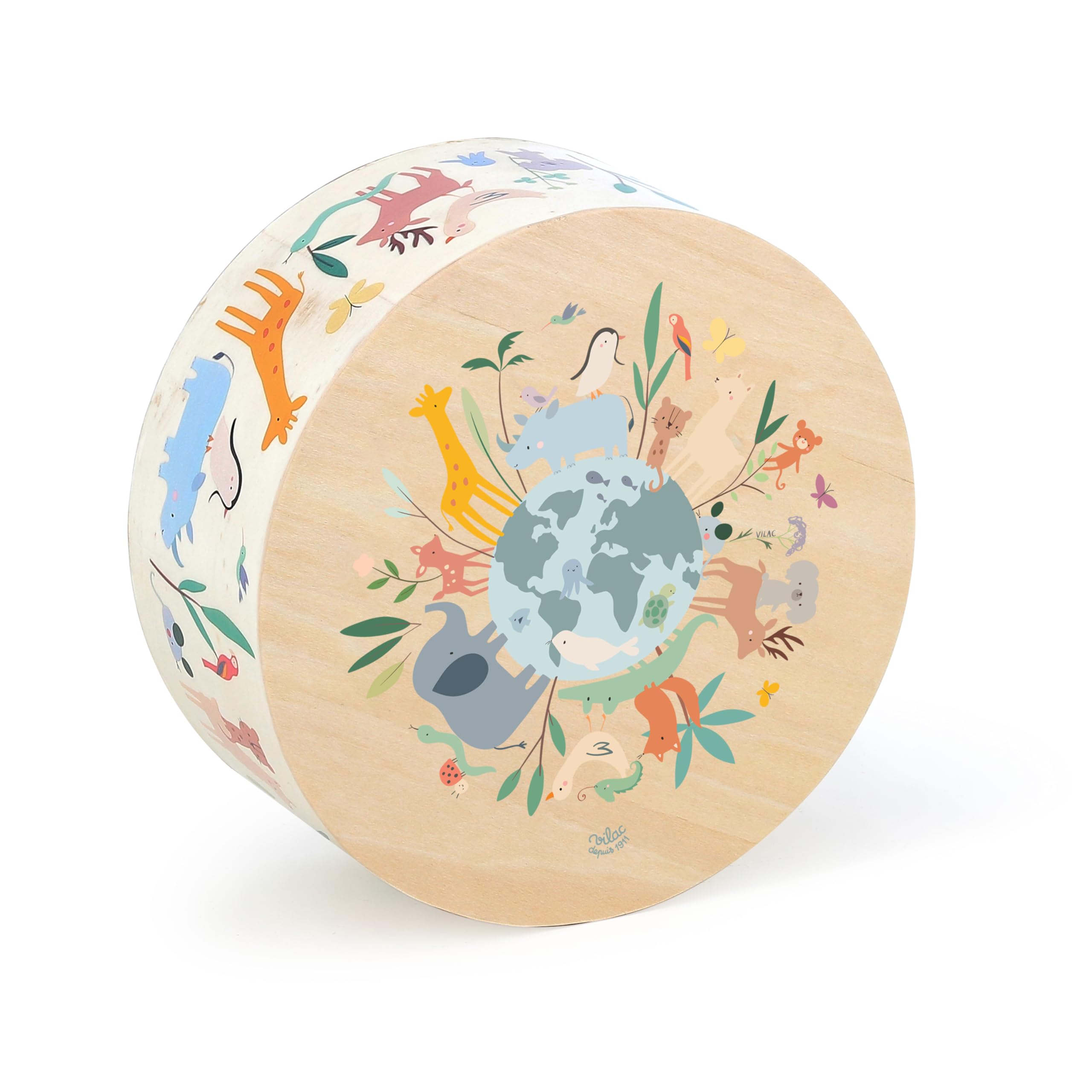 VILAC - Tamburo cajón Gli animali del mondo - Sarah Betz - Giocattolo musicale - 1 tamburo cajón in legno - Giochi di risveglio per bambini in legno - Giocattolo per bambini dai 3 anni - 7113