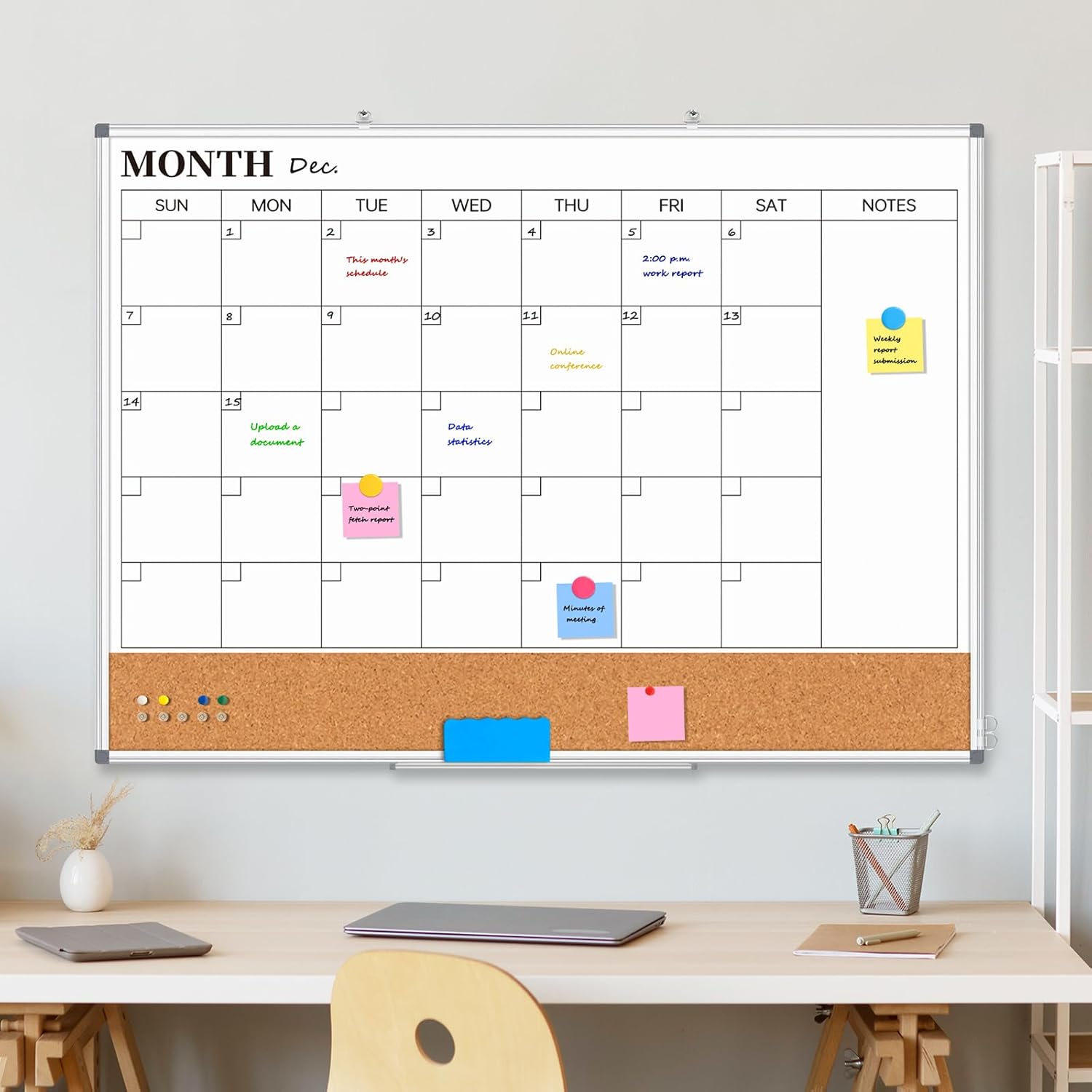 Large Monthly Dry Erase Calendar Whiteboard for Wall, 48 x 36 Double-Sided Big Calendar White Board Cork Board Combo, Aluminum Framed Month Planning Bulletin Board for Office, School, Home