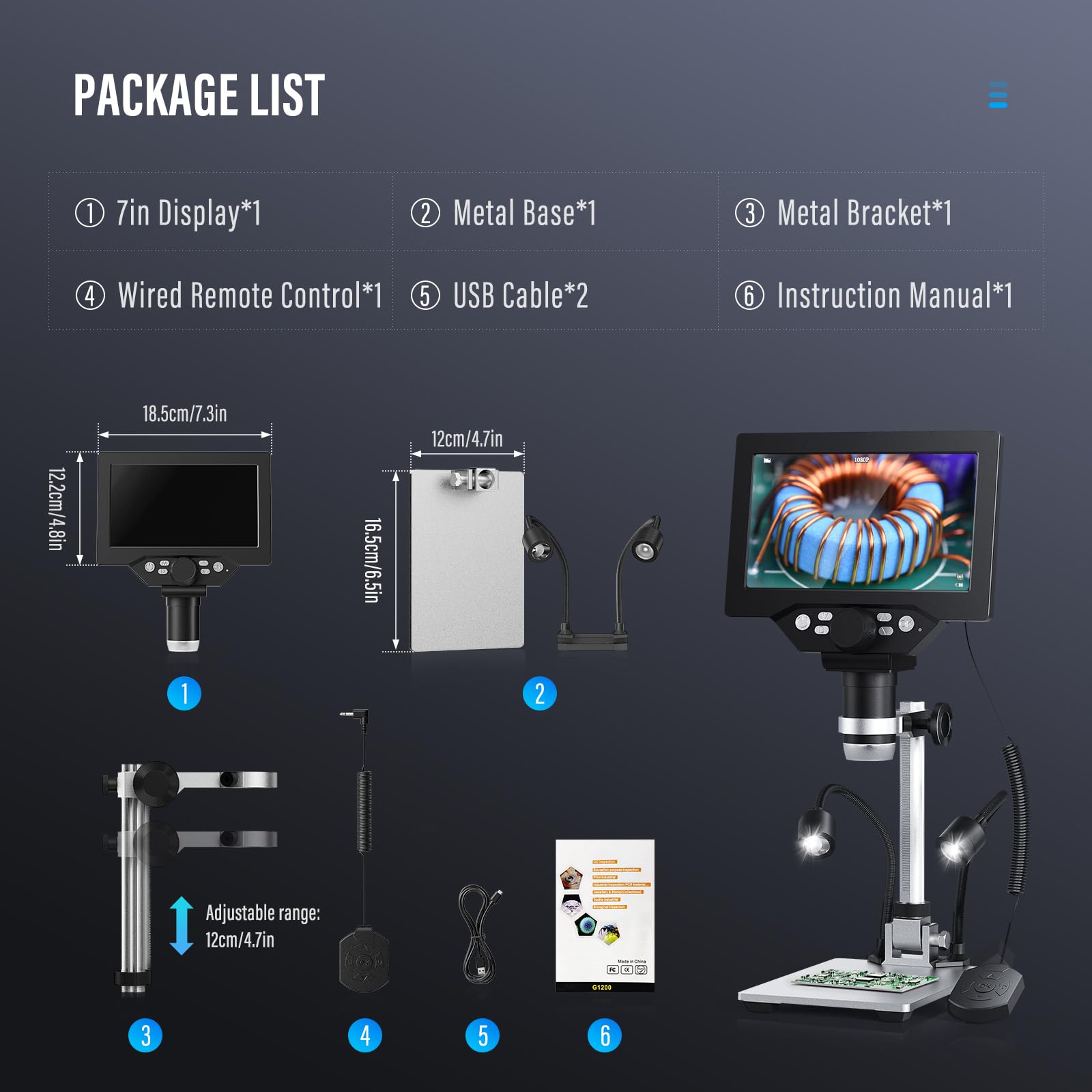 Microscopio Digitale 7 Pollici, Ingrandimento 1200X 12MP Registrazione 1080P con 8 Luci LED Regolabili, Schermo IPS, Connessione PC per Saldatura, Scienza, Istruzione Compatibile con Windows