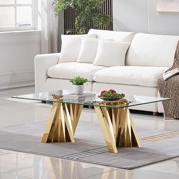 SSLine Modern 51" Clear Glass Coffee Table with Irregular Stainless Steel Base Luxury Rectangle Coffee Table for Living Room Home Office Shiny Geometric Base Center TableGold