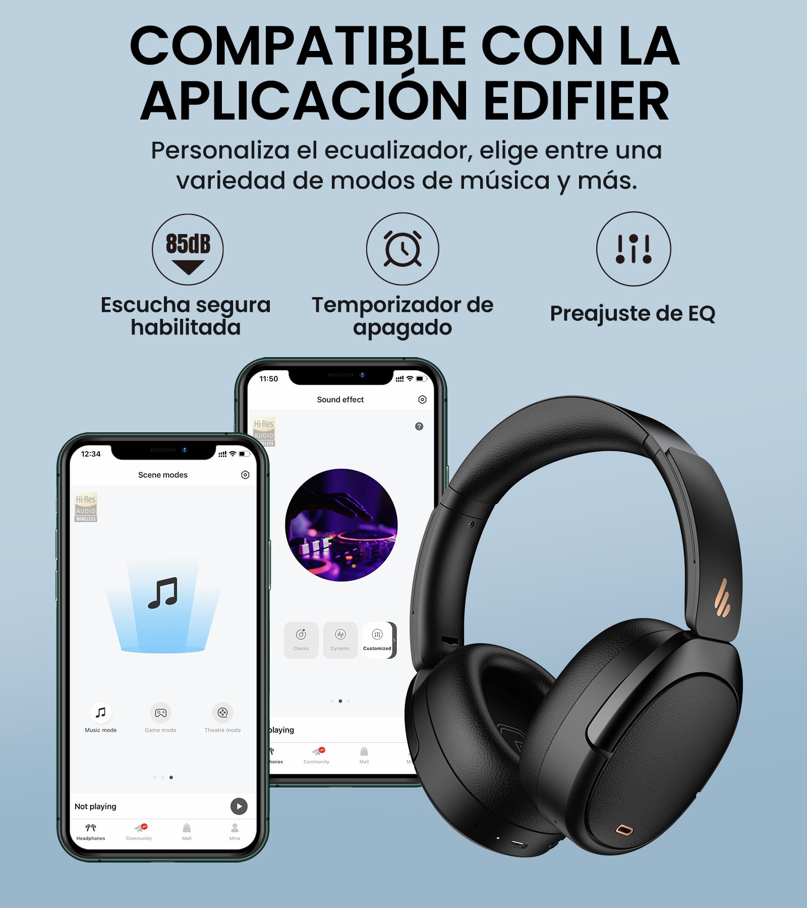Edifier WH950NB Auriculares con Cancelación Activa del Ruido, Hi-Res Audio, LDAC, Bluetooth 5.3, 55H de Autonomía, Emparejamiento Rápido Google para Android, Conexión para Dos Dispositivos, App, Negro