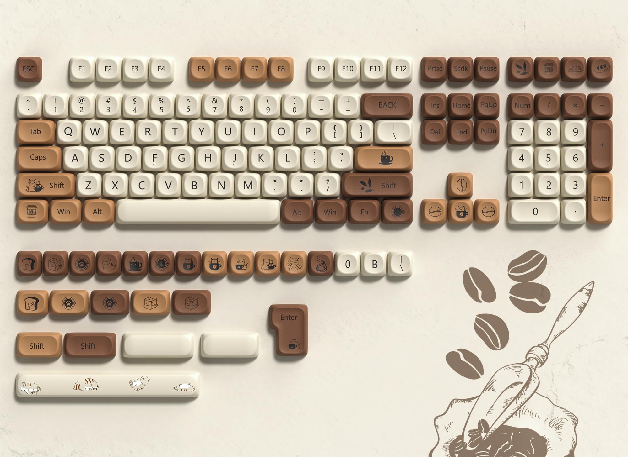 dagaladoo PBT Keyboard Keycaps, White/Brown MOA keycaps，Coffee Cat