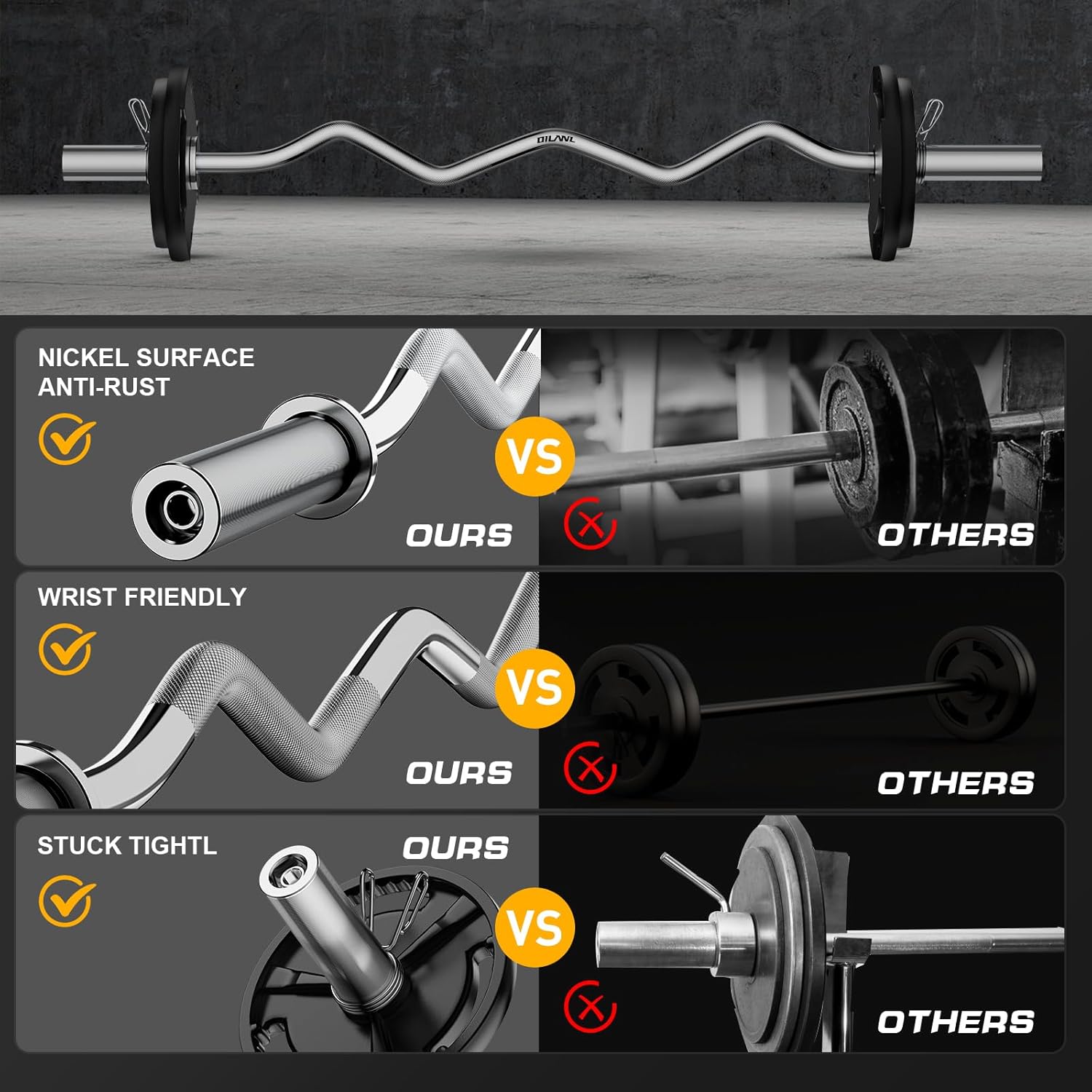 Olympic EZ Curl Barbell Bar, 47" Curl Bar for Weight Lifting, Home Gym Weight Bar- Strength Training,Squat,Hip Thrusts,Biceps, Chrome Curling for 2 Inch Plates -2 Spring Collars (Black)