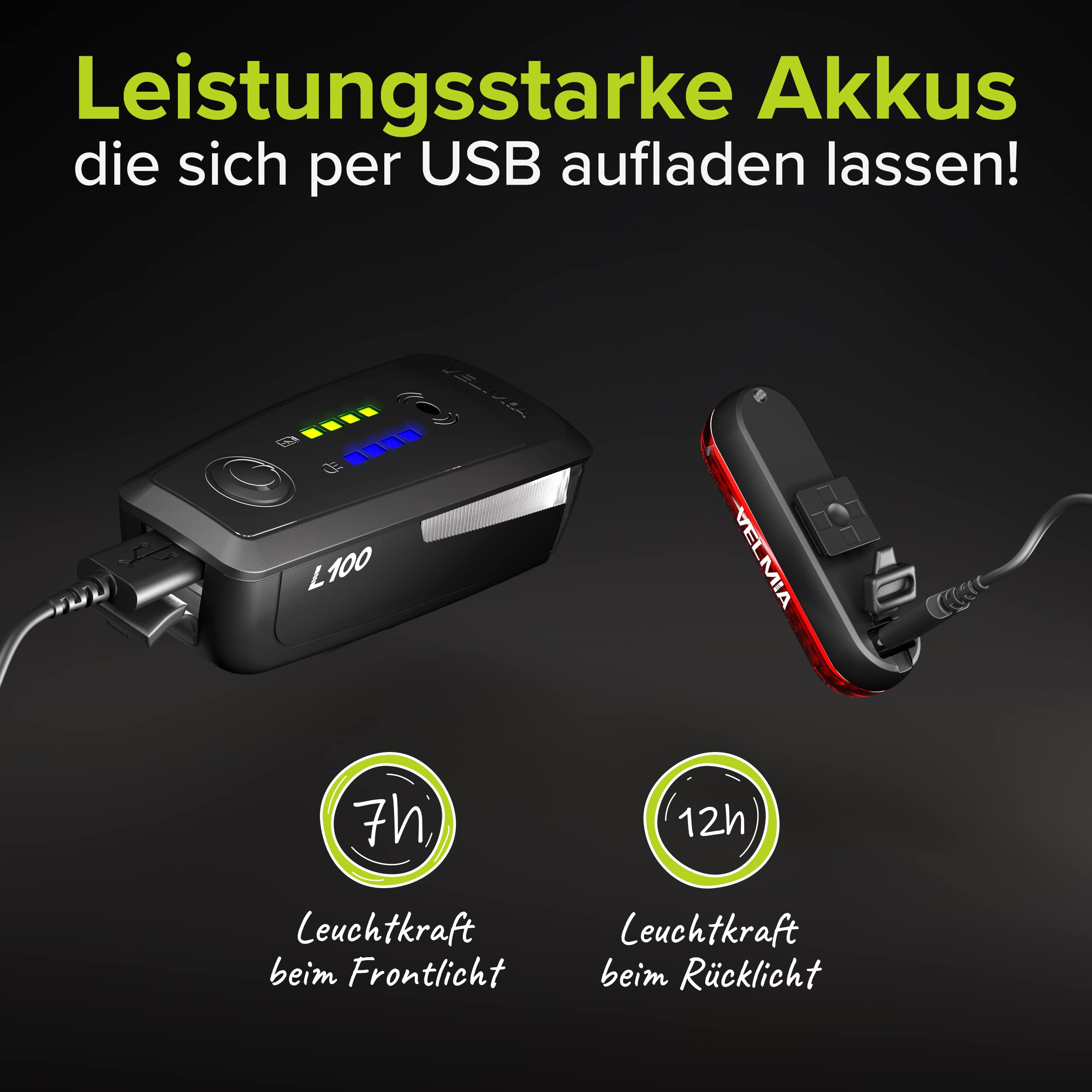 VELMIA Lumiere Velo Avant et arrière - Lampe Velo LED avec Batterie USB Rechargeable, 8,5h autonomie - Montage Facile sans Outils, étanche IPX4 - lumière Velo pour sécurité et Conduite de Nuit