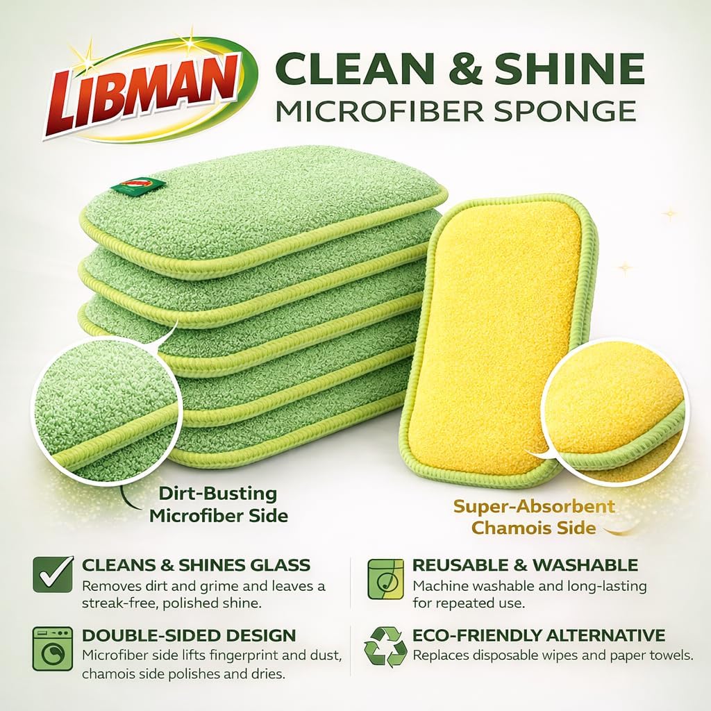 LIBMAN Clean & Shine Lint Free Microfiber Sponge - 2-in-1 Dual-Surface Microfiber Cleaning Sponge & Polishing Pad - 6 Pk - Reusable Washable - Streak-Free Finish for Glass, Mirrors, Stainless Steel