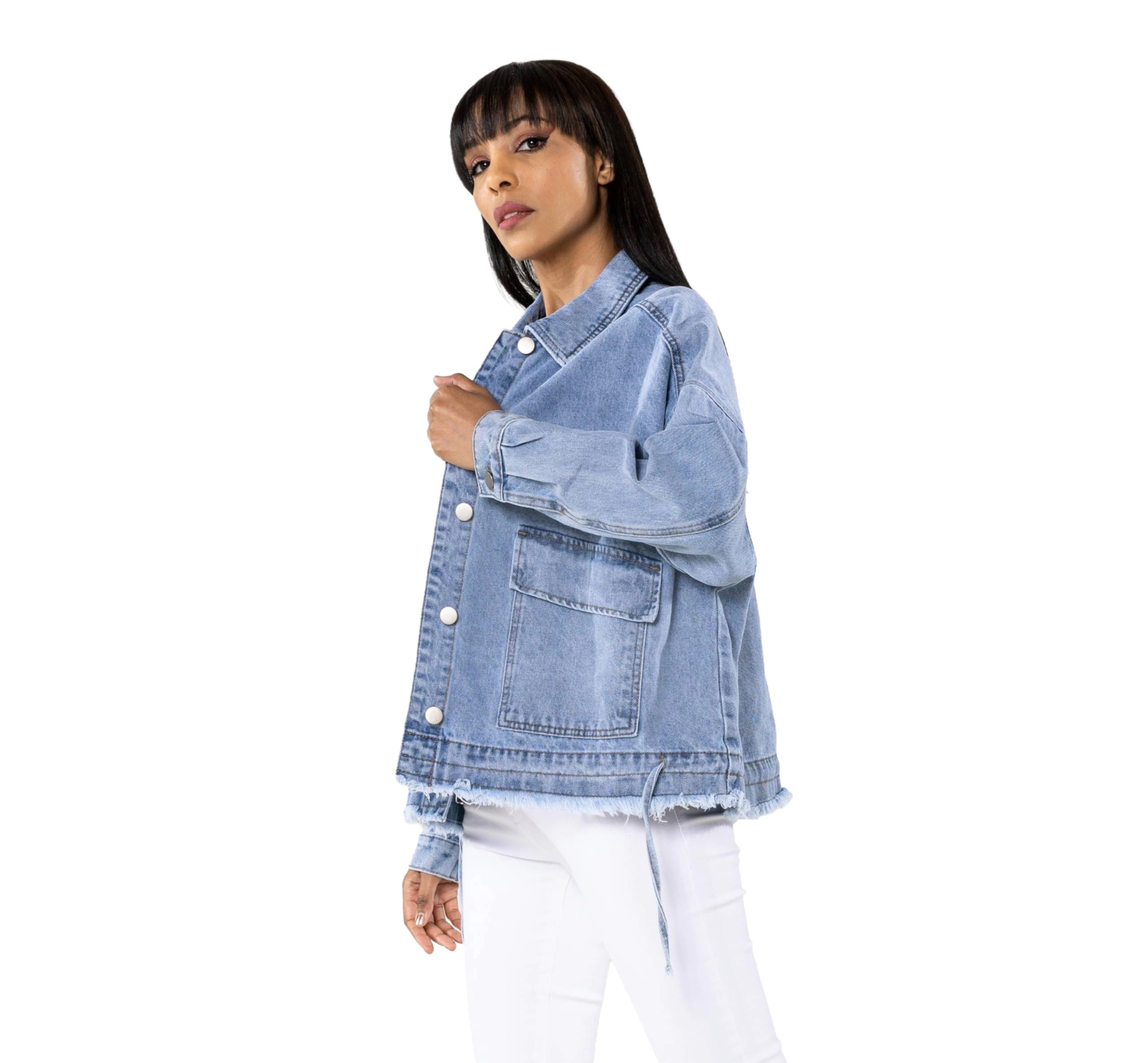 Nina Carter Damen Oversized Jeansjacke – Lockere Denim Jacke mit Knopfleiste und großer Tasche, Casual Übergangsjacke für Frühling und Herbst