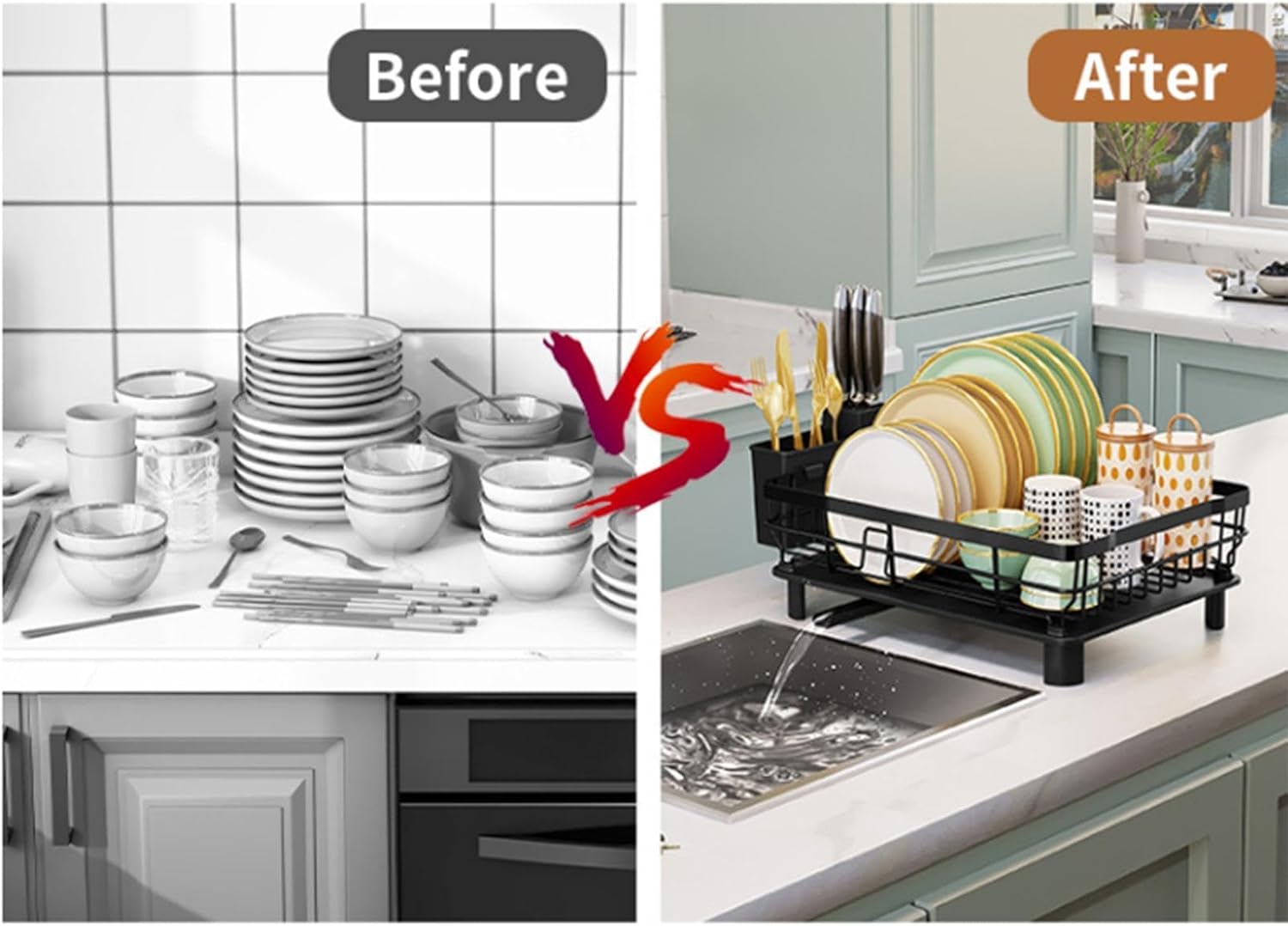 Dish Drying Rack, Dish Racks for Kitchen Counter, Compact Dish Drainer with Removable Utensil Holder& Cup Holder Auto Drainage System