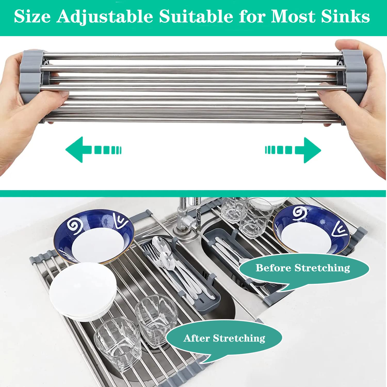 Ygapuzi Expandable Roll Up Dish Drying Rack Over the Sink, 12.6''-23.3'', Sink Drainer with Utensil Holder - Image 2