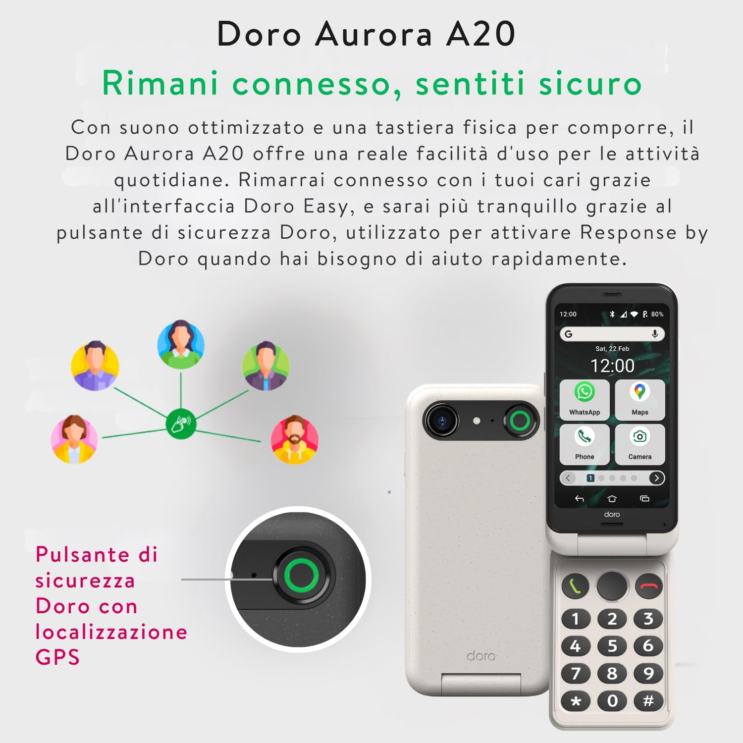 Doro Aurora A20 Smartphone per Anziani con WhatsApp, Cavo USB Incluso, Tasto SOS con GPS, Compatibile Apparecchi Acustici, Bianco Avorio
