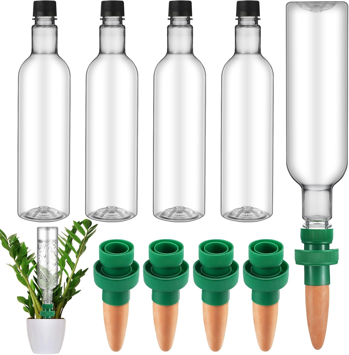 SiliFine 4 Set Plant Watering Devices Include Self Watering Spikes and 26 oz Plastic Bottles Plant Waterer Devices with Adjustable Control Valve Switch Indoor Outdoor (Clear)